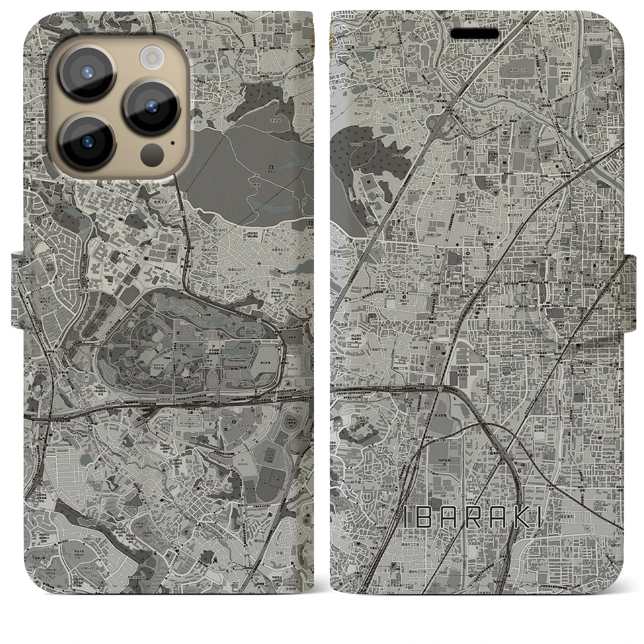 【茨木(大阪府)】地図柄iPhoneケース(手帳タイプ)モノトーン・iPhone 14 Pro Max 用