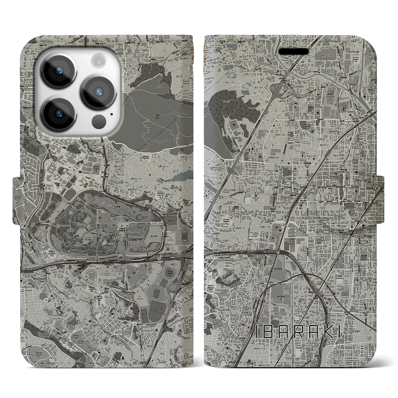 【茨木(大阪府)】地図柄iPhoneケース(手帳タイプ)モノトーン・iPhone 14 Pro 用