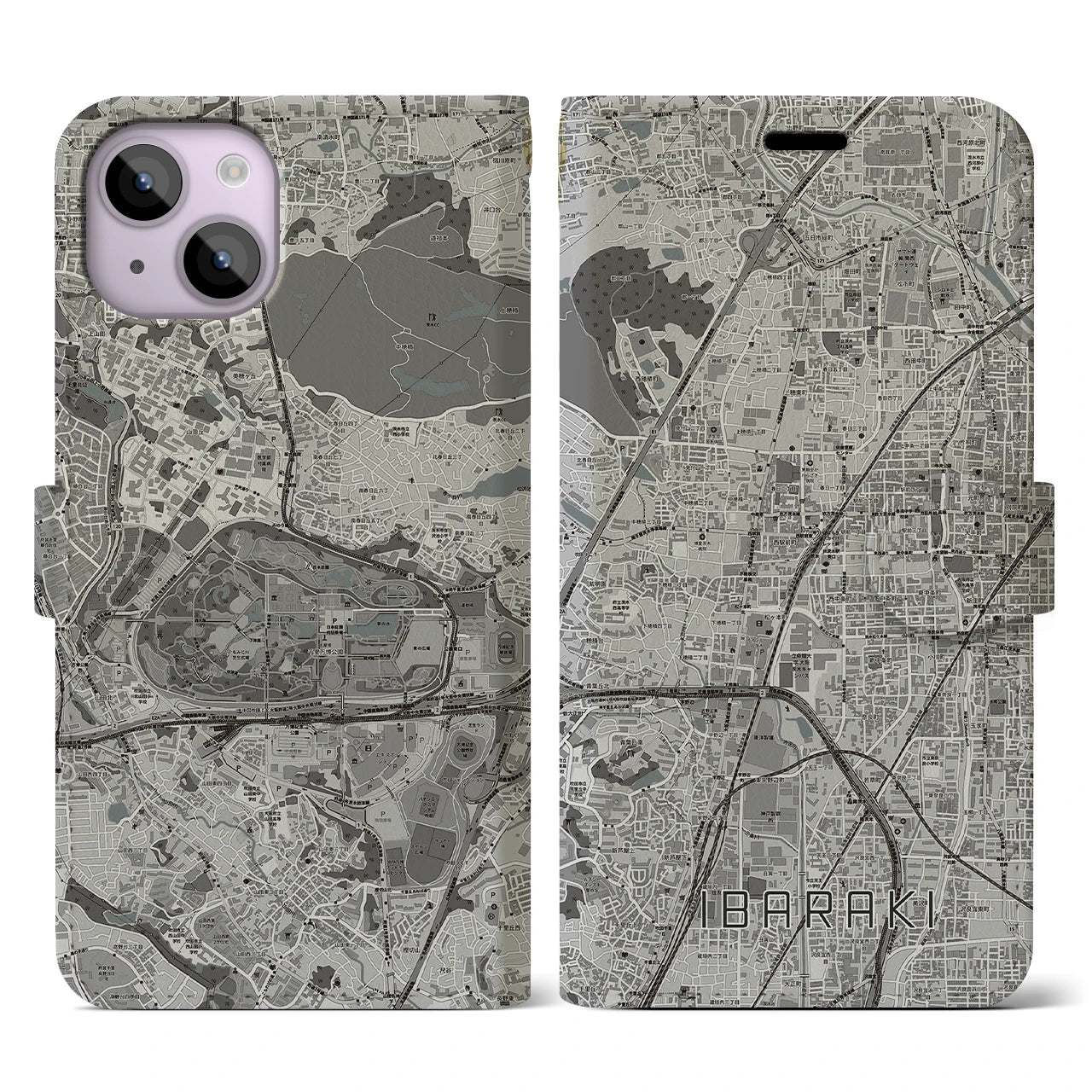 【茨木(大阪府)】地図柄iPhoneケース(手帳タイプ)モノトーン・iPhone 14 用