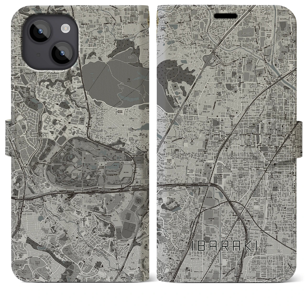 【茨木(大阪府)】地図柄iPhoneケース(手帳タイプ)モノトーン・iPhone 14 Plus 用
