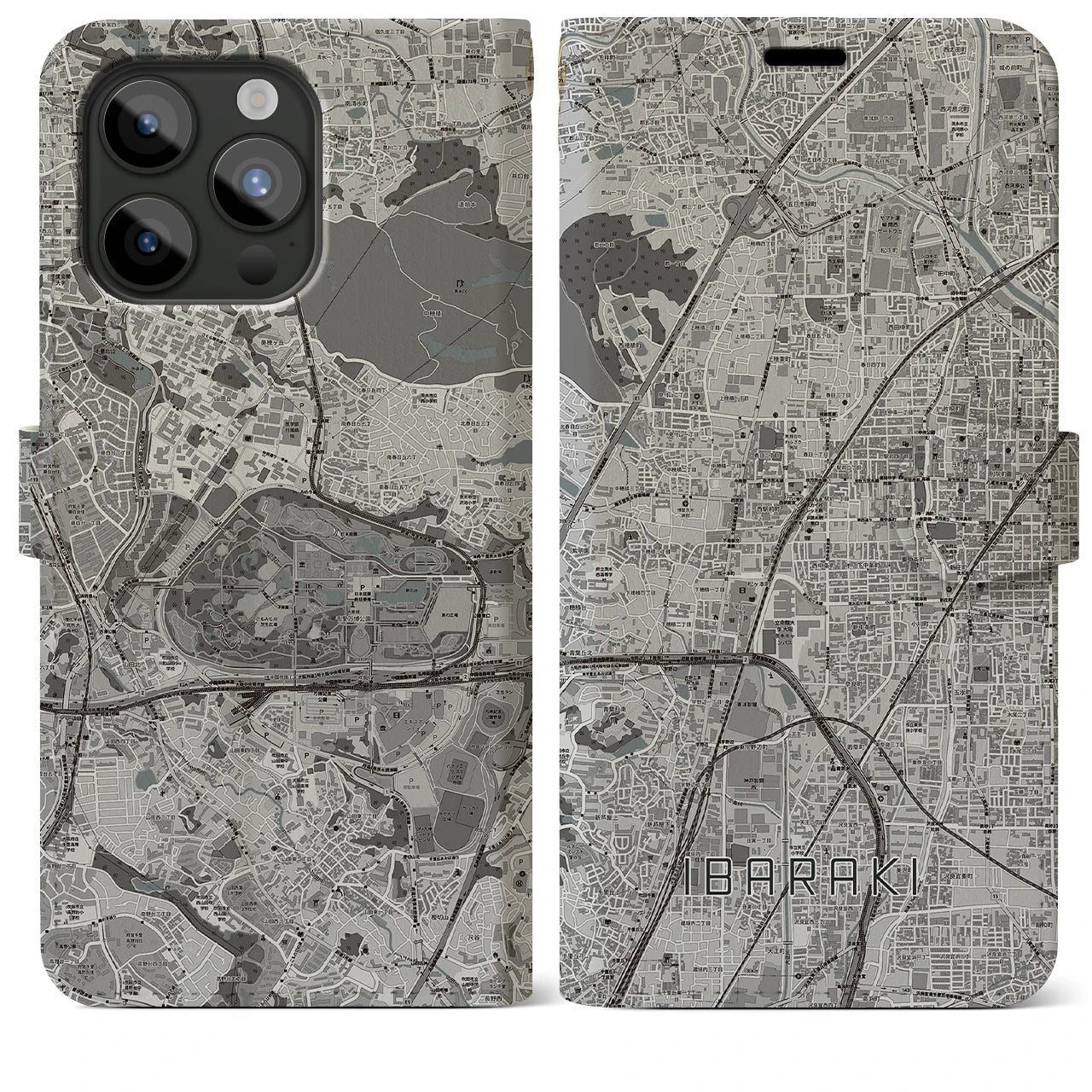 【茨木(大阪府)】地図柄iPhoneケース(手帳タイプ)モノトーン・iPhone 15 Pro Max 用