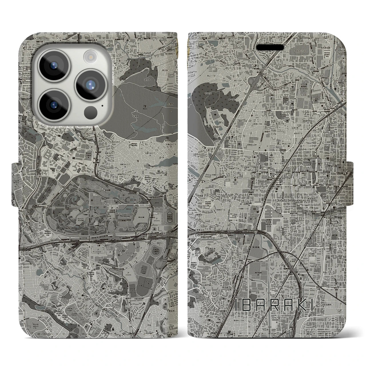 【茨木(大阪府)】地図柄iPhoneケース(手帳タイプ)モノトーン・iPhone 15 Pro 用