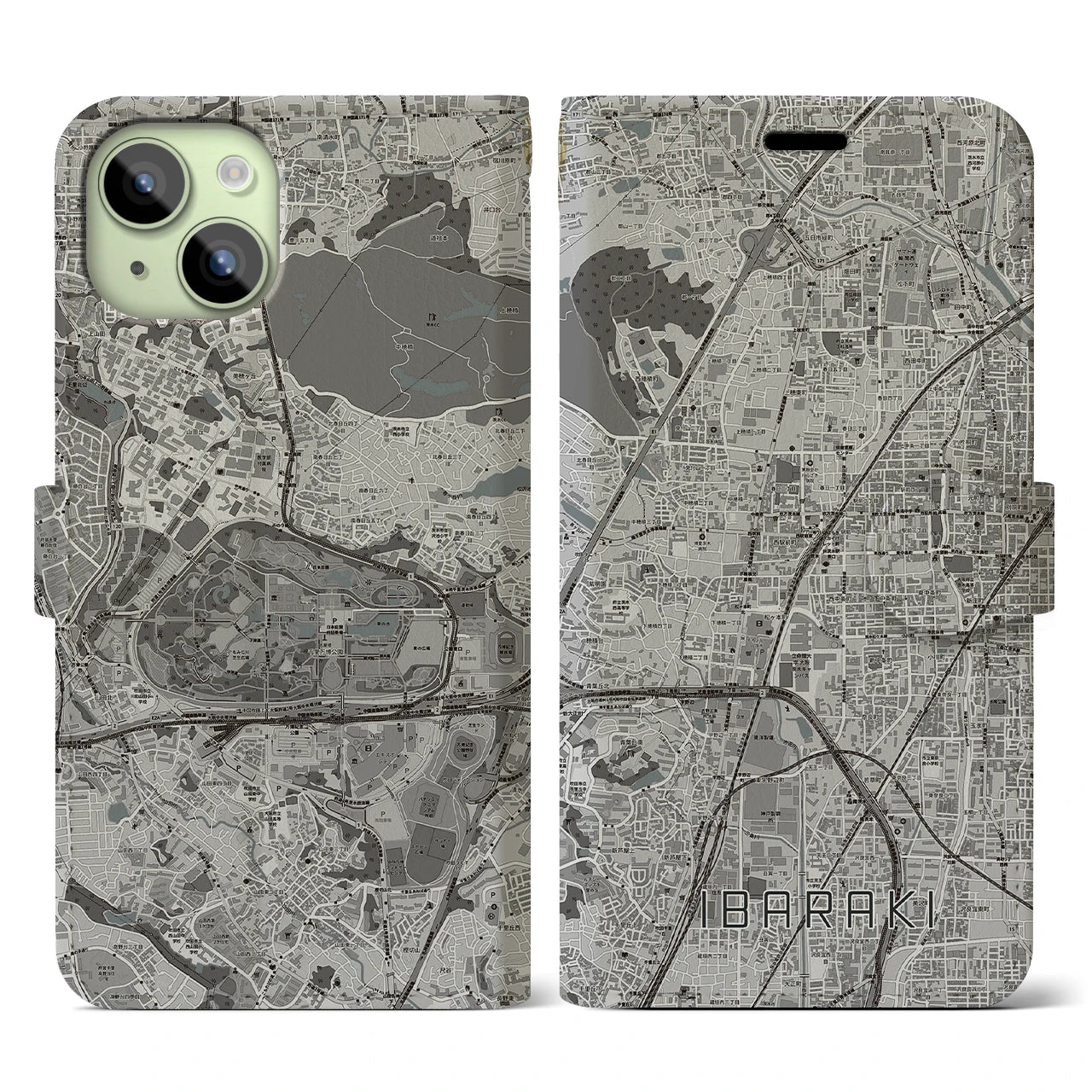 【茨木(大阪府)】地図柄iPhoneケース(手帳タイプ)モノトーン・iPhone 15 用