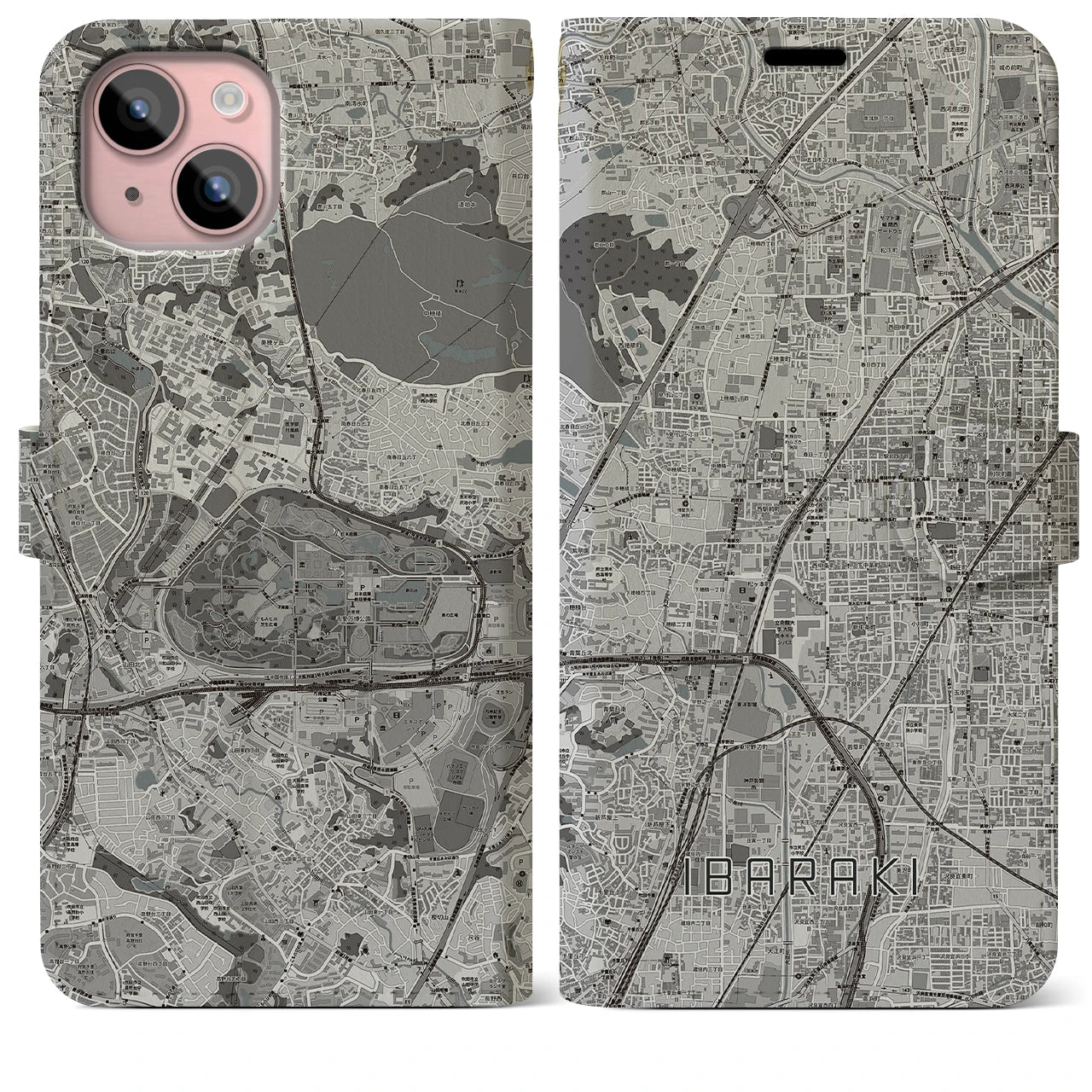 【茨木(大阪府)】地図柄iPhoneケース(手帳タイプ)モノトーン・iPhone 15 Plus 用