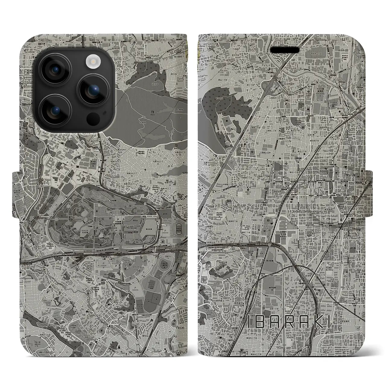 【茨木(大阪府)】地図柄iPhoneケース(手帳タイプ)モノトーン・iPhone 16 用