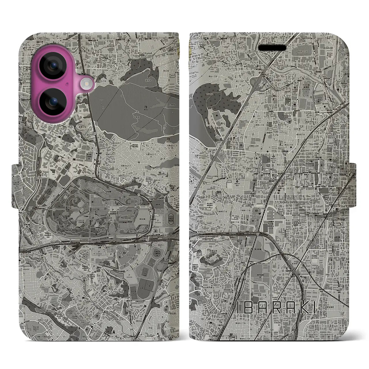 【茨木(大阪府)】地図柄iPhoneケース(手帳タイプ)モノトーン・iPhone 16 Pro 用