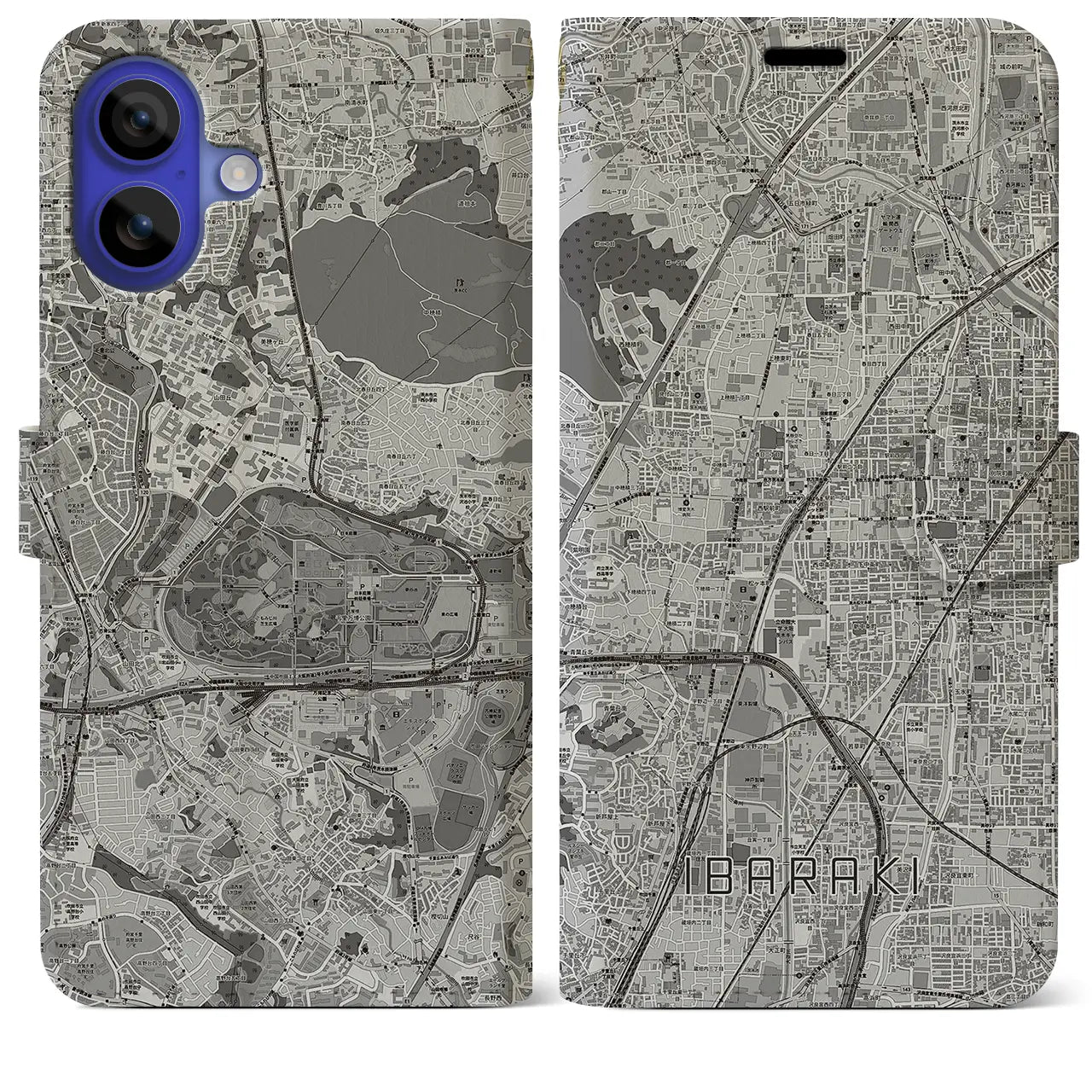 【茨木(大阪府)】地図柄iPhoneケース(手帳タイプ)モノトーン・iPhone 16 Pro Max 用