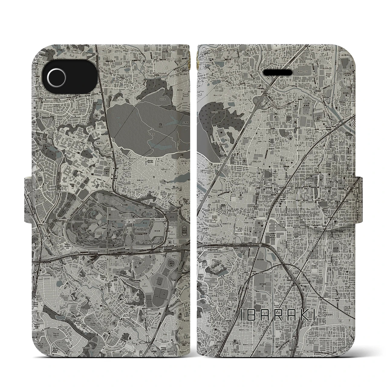 【茨木(大阪府)】地図柄iPhoneケース(手帳タイプ)モノトーン・iPhone SE(第3 / 第2世代) / 8 / 7 / 6s / 6 用