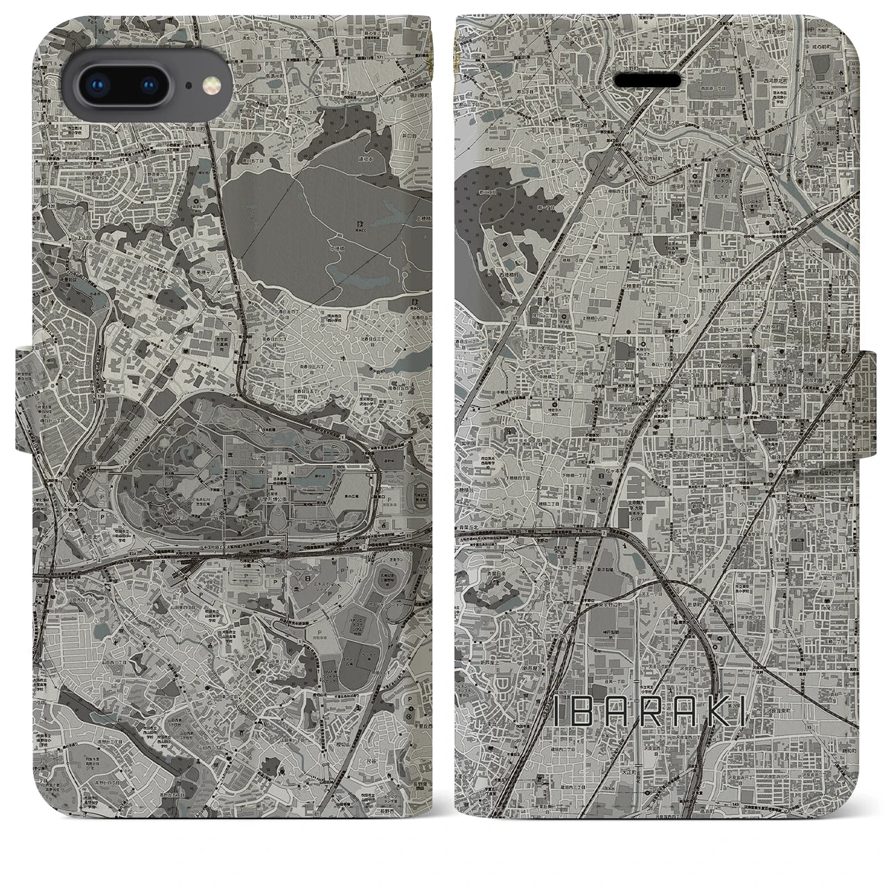 【茨木(大阪府)】地図柄iPhoneケース(手帳タイプ)モノトーン・iPhone 8Plus /7Plus / 6sPlus / 6Plus 用