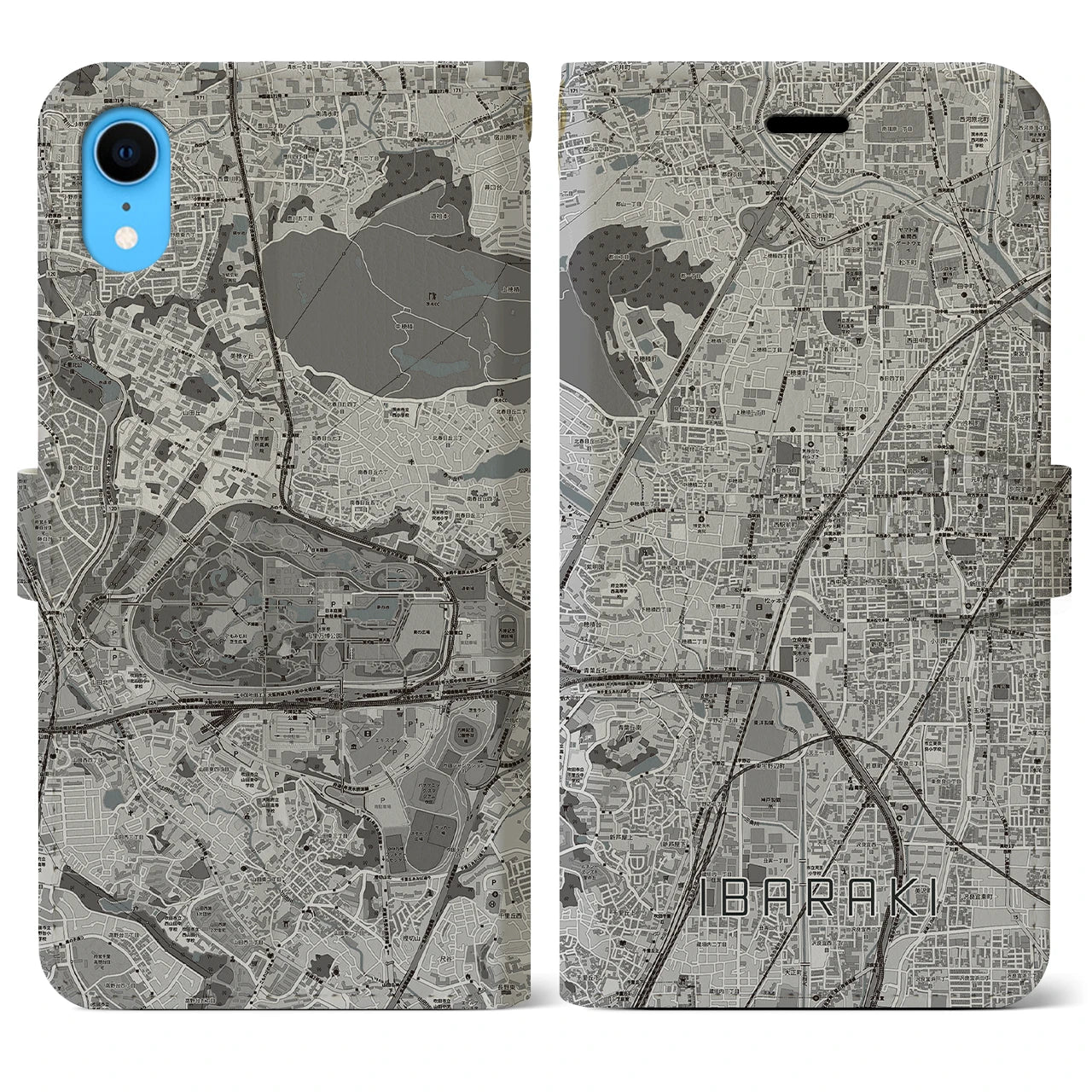 【茨木(大阪府)】地図柄iPhoneケース(手帳タイプ)モノトーン・iPhone XR 用