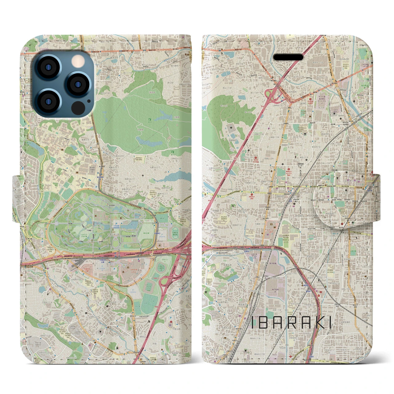 【茨木(大阪府)】地図柄iPhoneケース(手帳タイプ)ナチュラル・iPhone 12 / 12 Pro 用