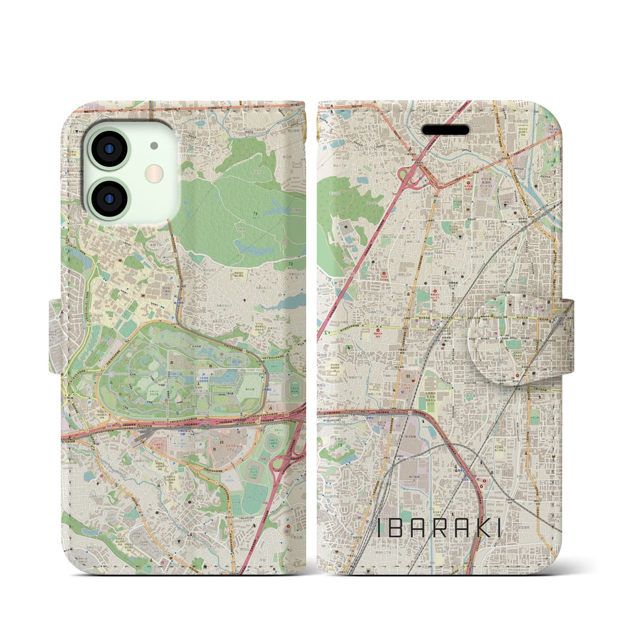 【茨木(大阪府)】地図柄iPhoneケース(手帳タイプ)ナチュラル・iPhone 12 mini 用