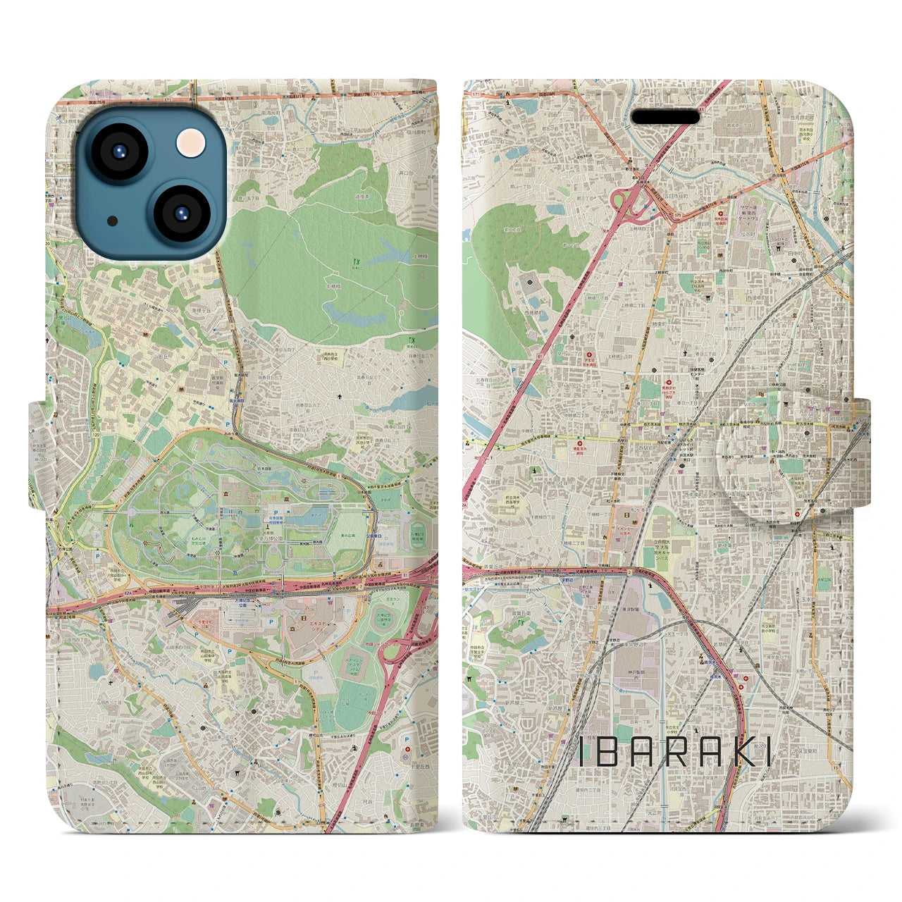 【茨木(大阪府)】地図柄iPhoneケース(手帳タイプ)ナチュラル・iPhone 13 用