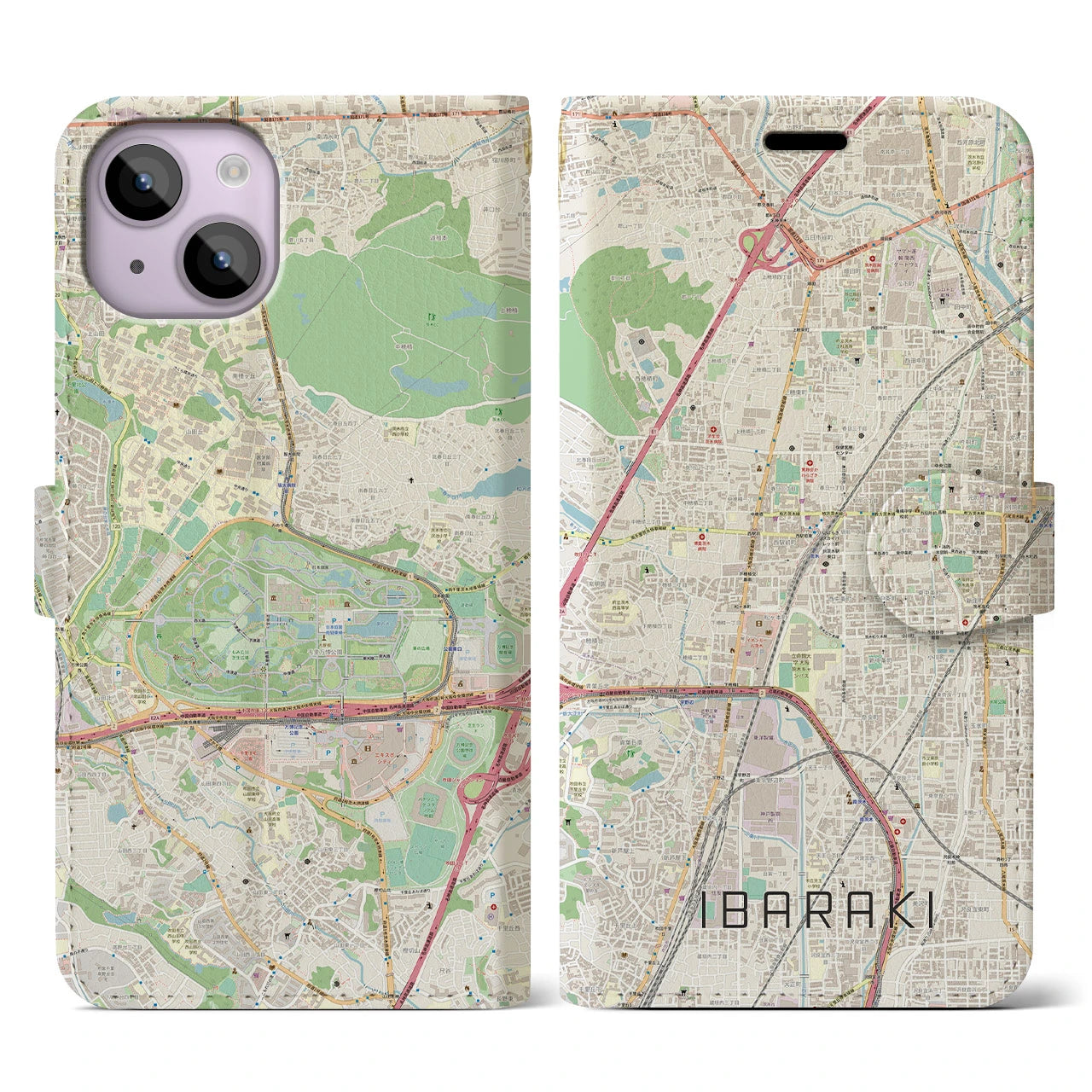 【茨木(大阪府)】地図柄iPhoneケース(手帳タイプ)ナチュラル・iPhone 14 用