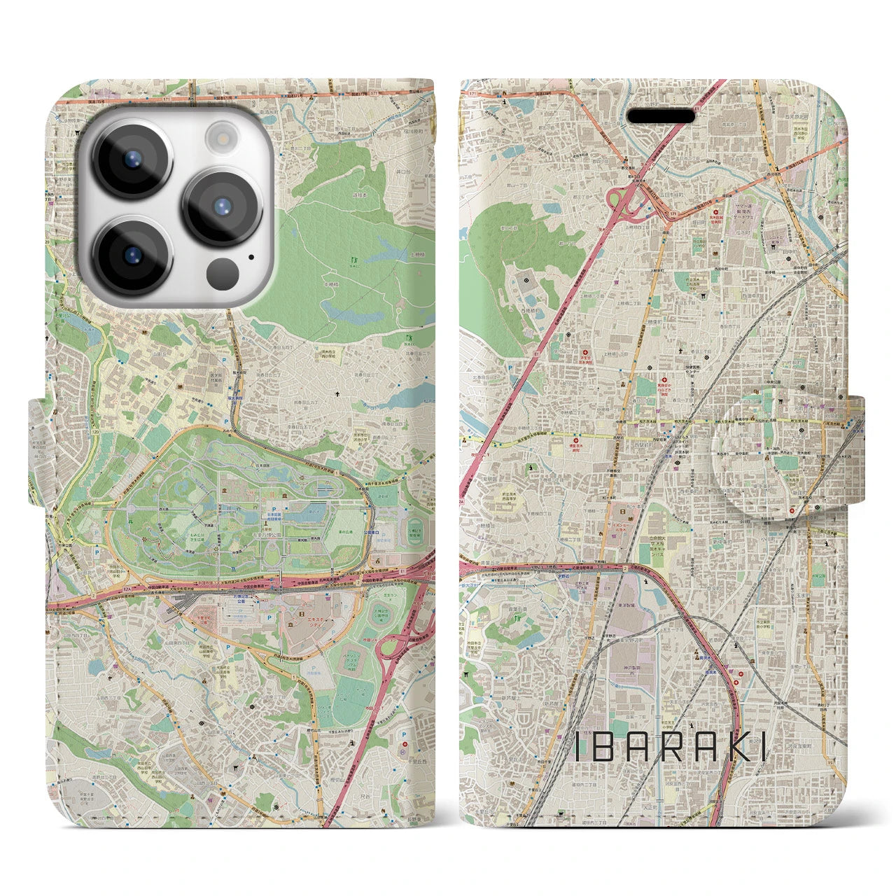 【茨木(大阪府)】地図柄iPhoneケース(手帳タイプ)ナチュラル・iPhone 14 Pro 用