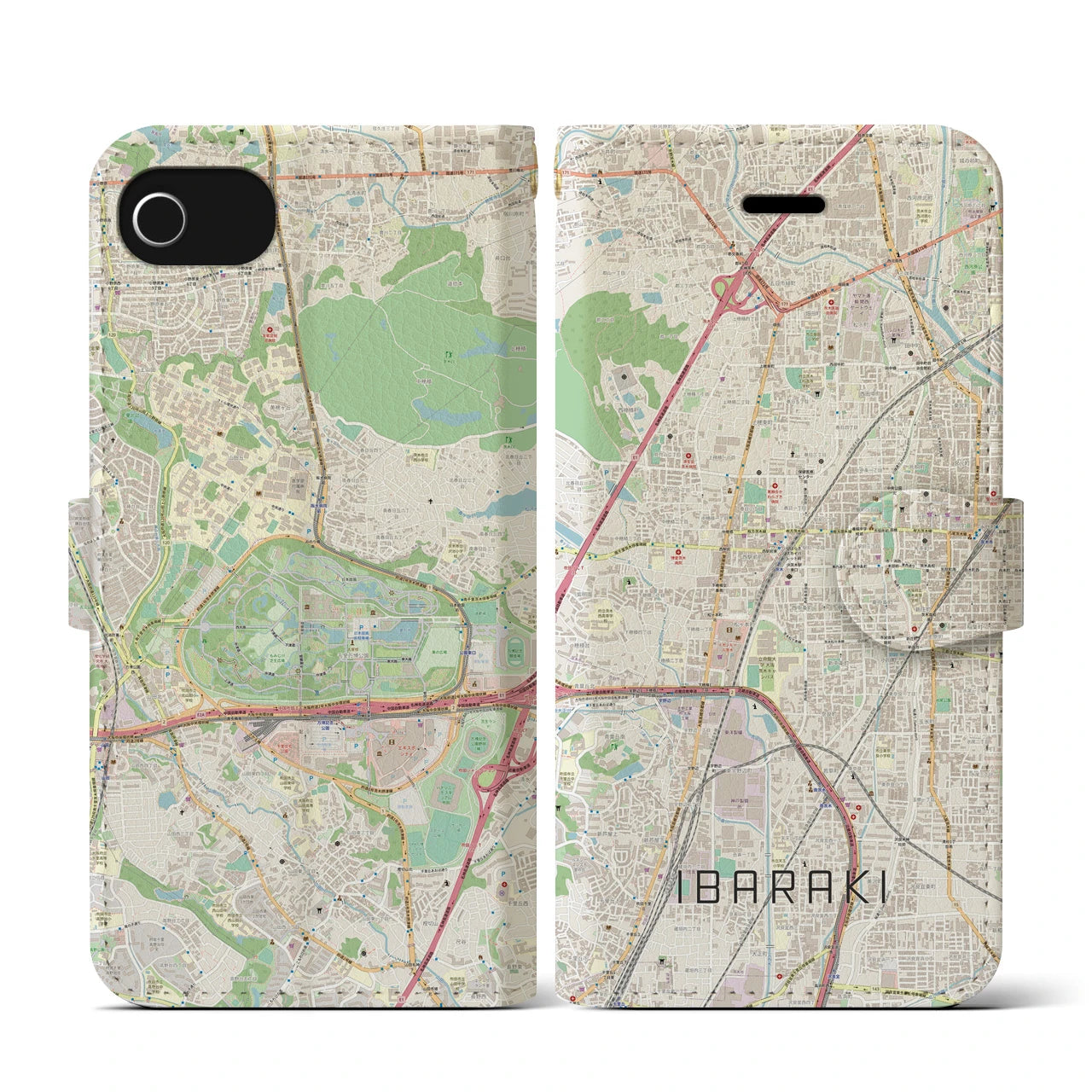 【茨木(大阪府)】地図柄iPhoneケース(手帳タイプ)ナチュラル・iPhone SE(第3 / 第2世代) / 8 / 7 / 6s / 6 用