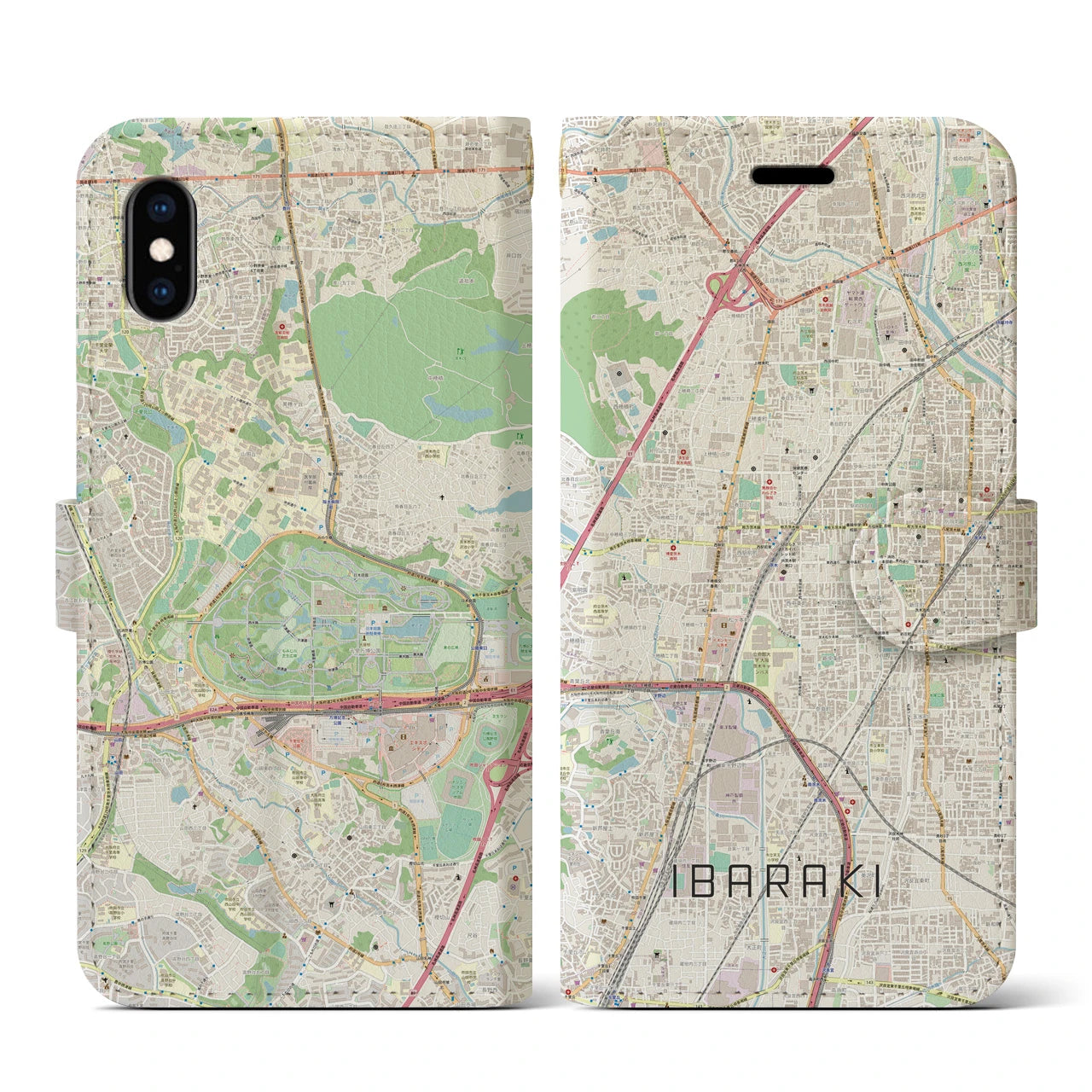 【茨木(大阪府)】地図柄iPhoneケース(手帳タイプ)ナチュラル・iPhone XS / X 用