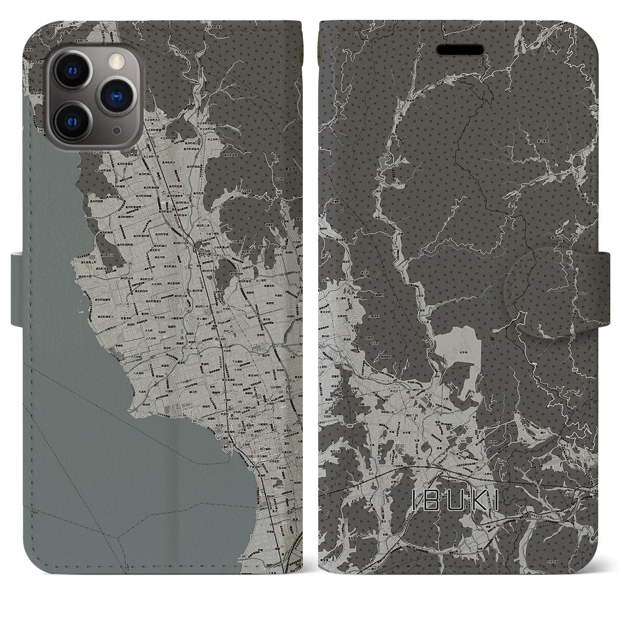 【伊吹(滋賀県)】地図柄iPhoneケース(手帳タイプ)モノトーン・iPhone 11 Pro Max 用