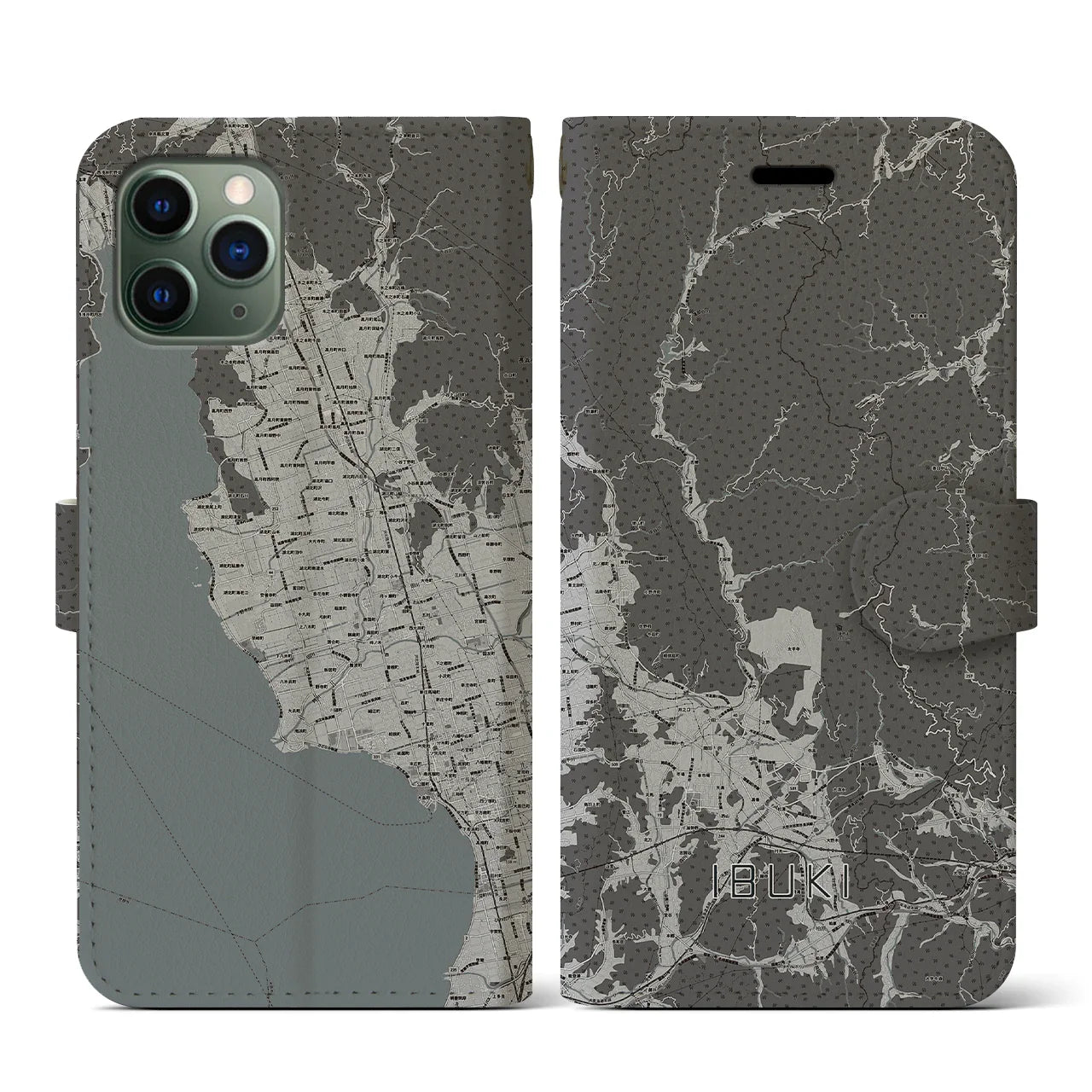 【伊吹(滋賀県)】地図柄iPhoneケース(手帳タイプ)モノトーン・iPhone 11 Pro 用