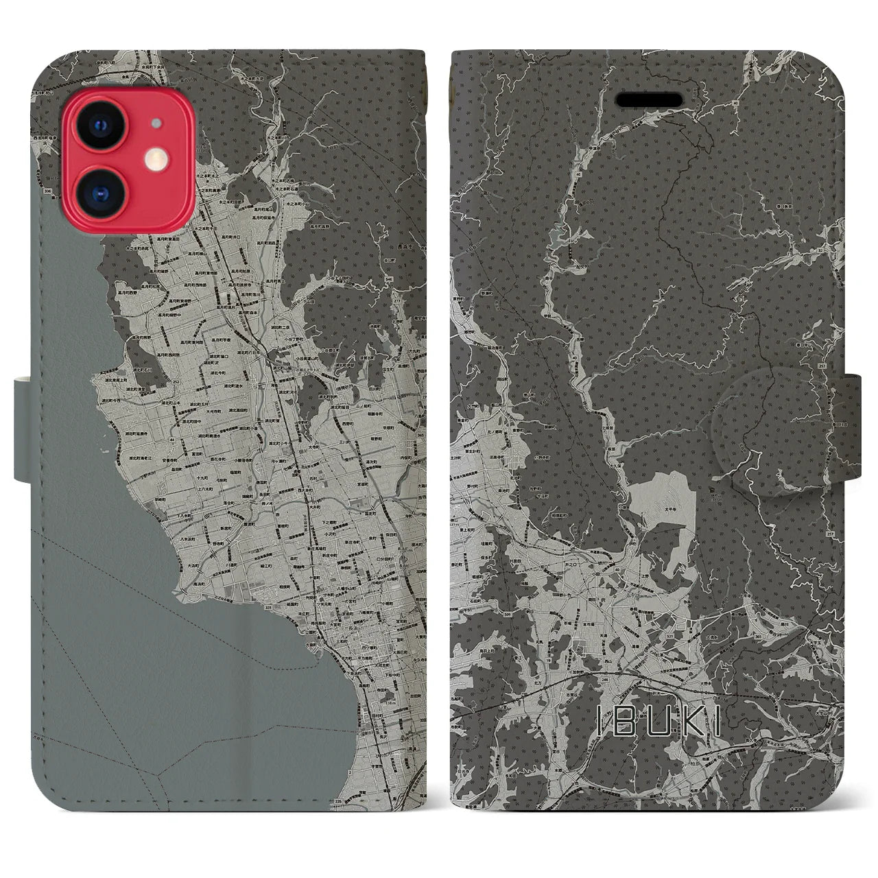 【伊吹(滋賀県)】地図柄iPhoneケース(手帳タイプ)モノトーン・iPhone 11 用