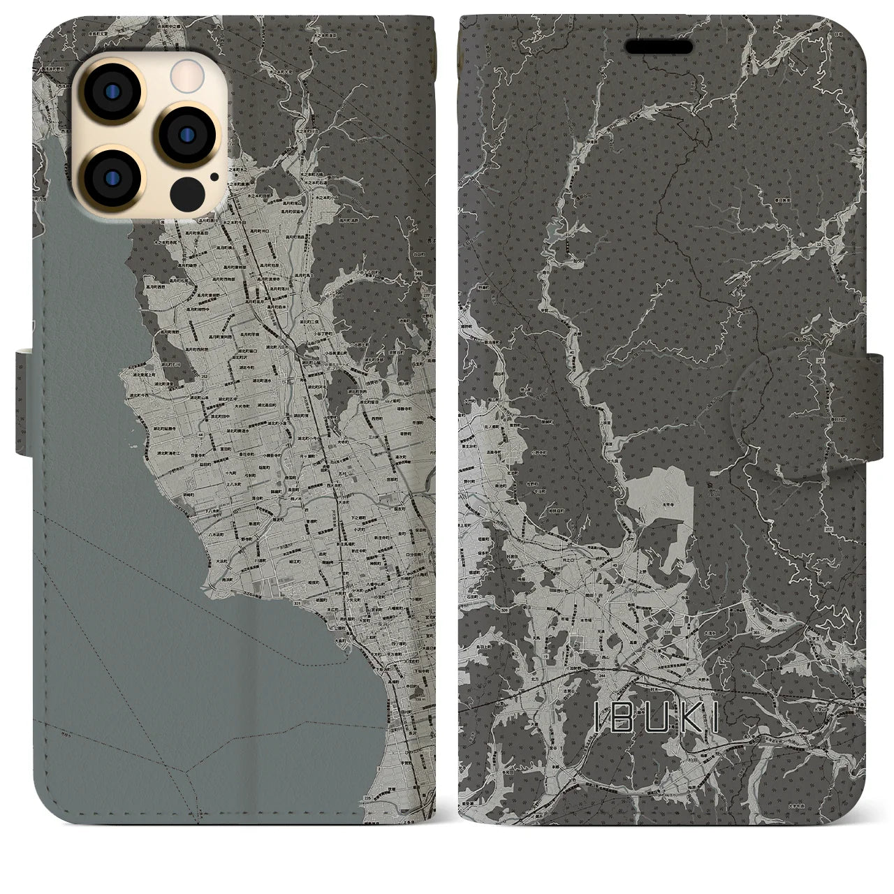 【伊吹(滋賀県)】地図柄iPhoneケース(手帳タイプ)モノトーン・iPhone 12 Pro Max 用