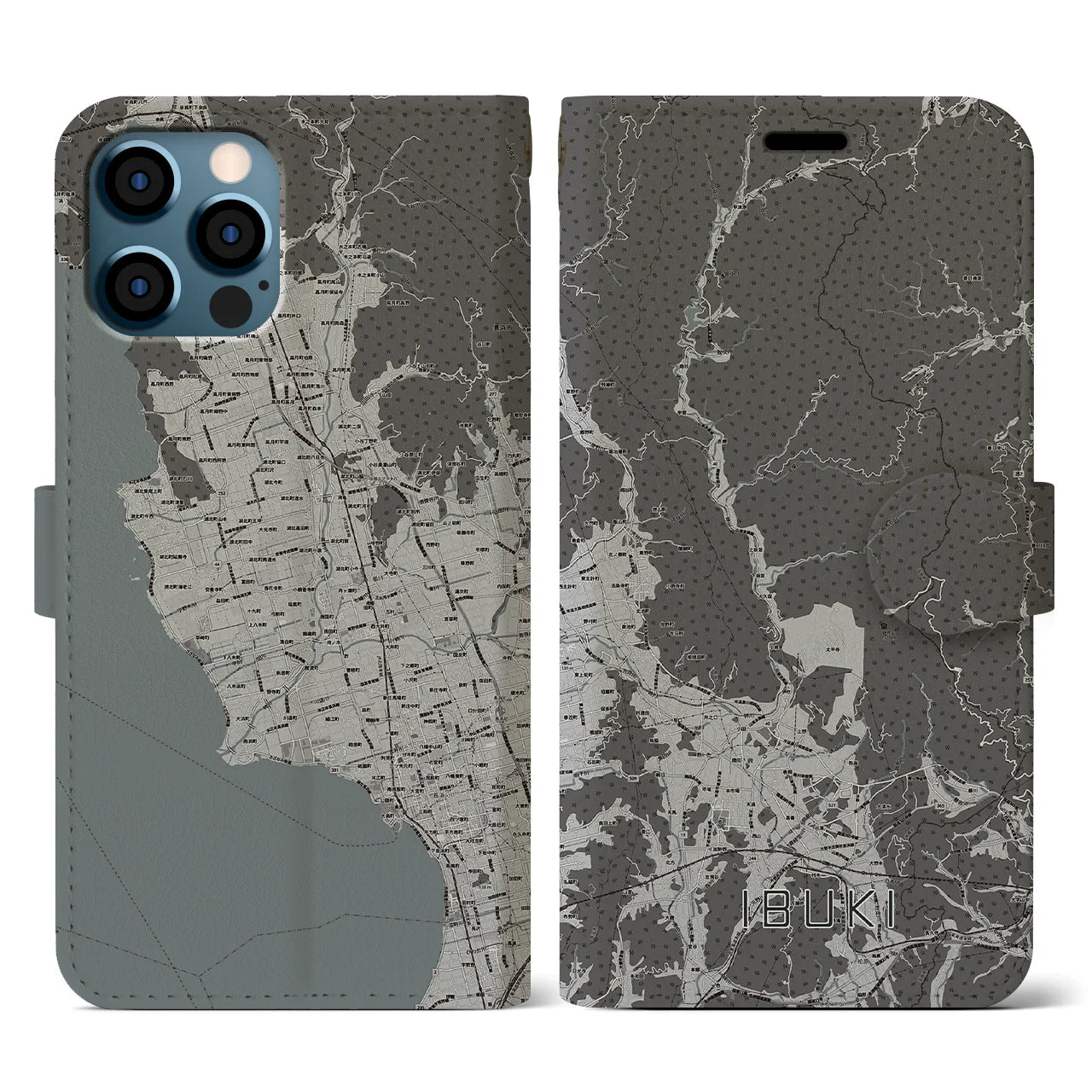 【伊吹(滋賀県)】地図柄iPhoneケース(手帳タイプ)モノトーン・iPhone 12 / 12 Pro 用