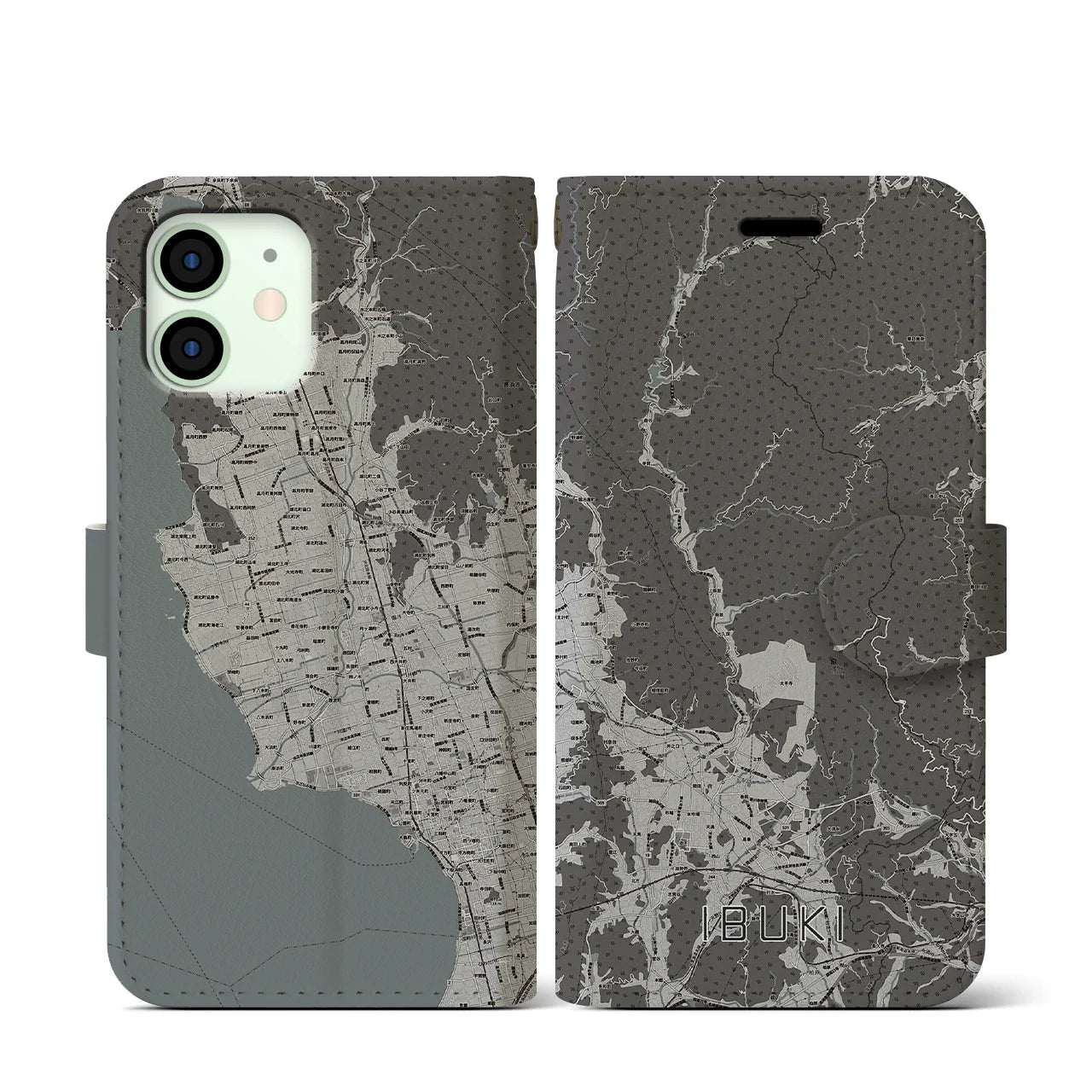 【伊吹(滋賀県)】地図柄iPhoneケース(手帳タイプ)モノトーン・iPhone 12 mini 用
