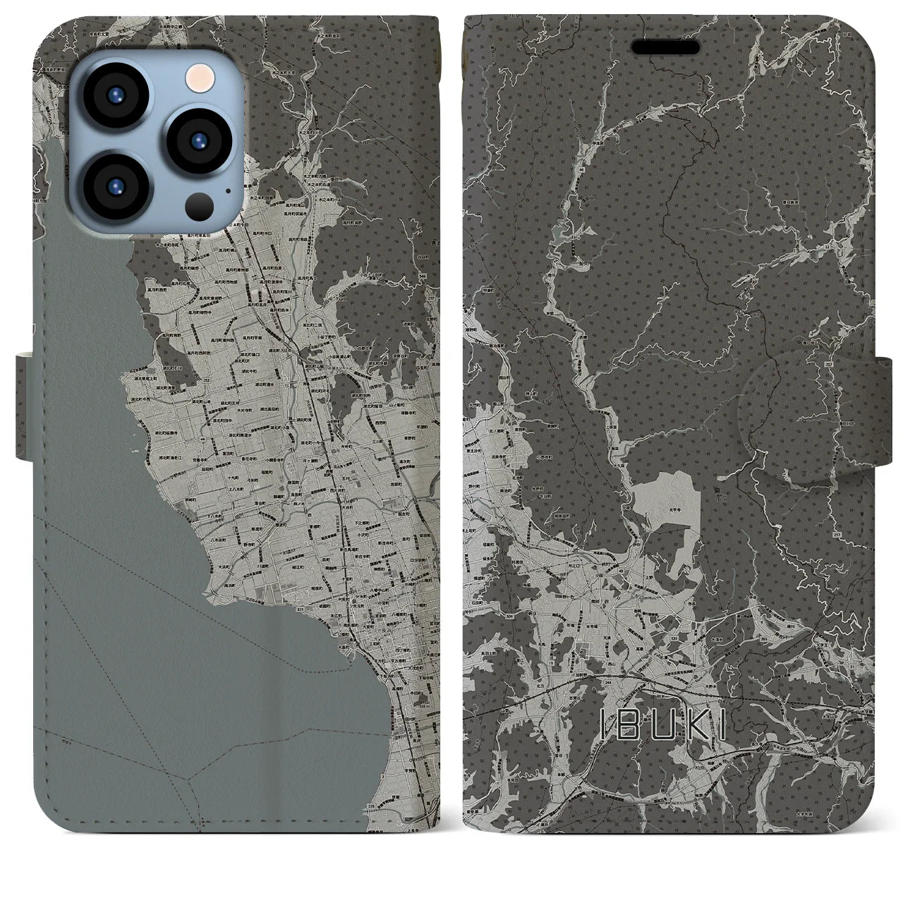 【伊吹(滋賀県)】地図柄iPhoneケース(手帳タイプ)モノトーン・iPhone 13 Pro Max 用