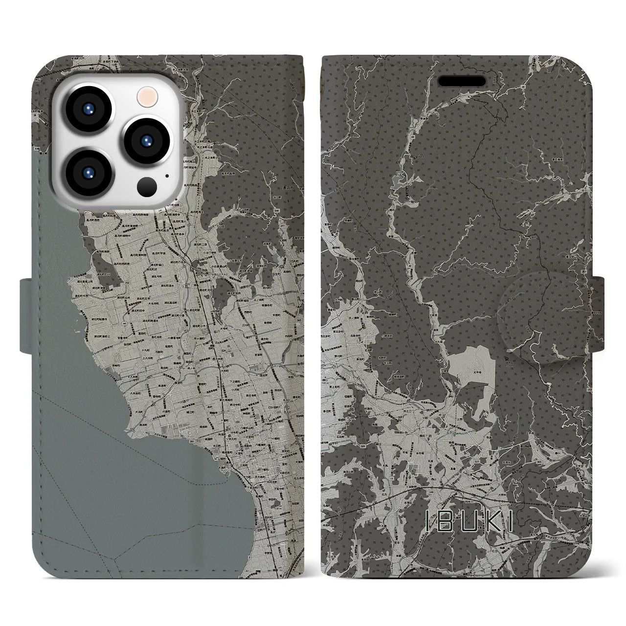 【伊吹(滋賀県)】地図柄iPhoneケース(手帳タイプ)モノトーン・iPhone 13 Pro 用