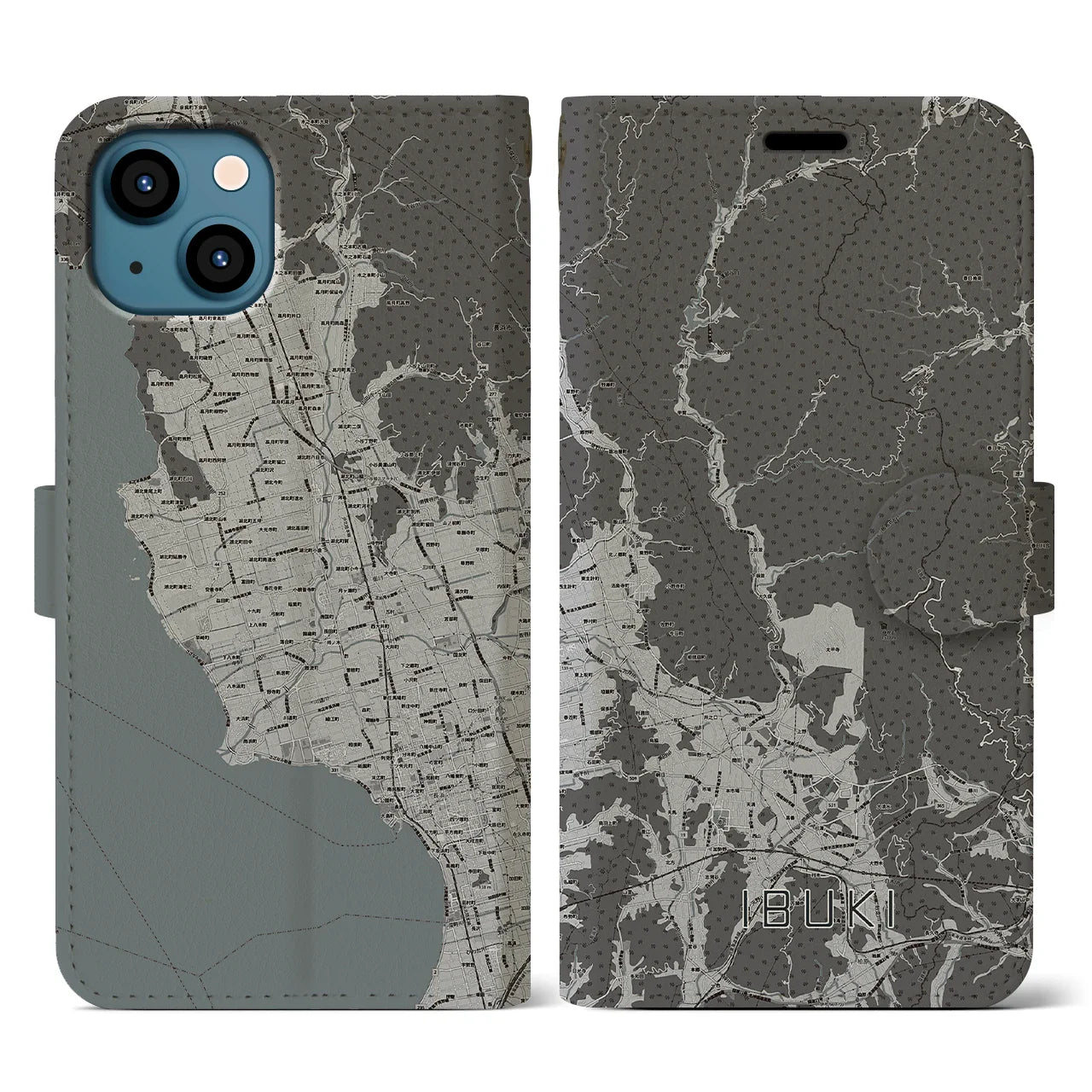 【伊吹(滋賀県)】地図柄iPhoneケース(手帳タイプ)モノトーン・iPhone 13 用