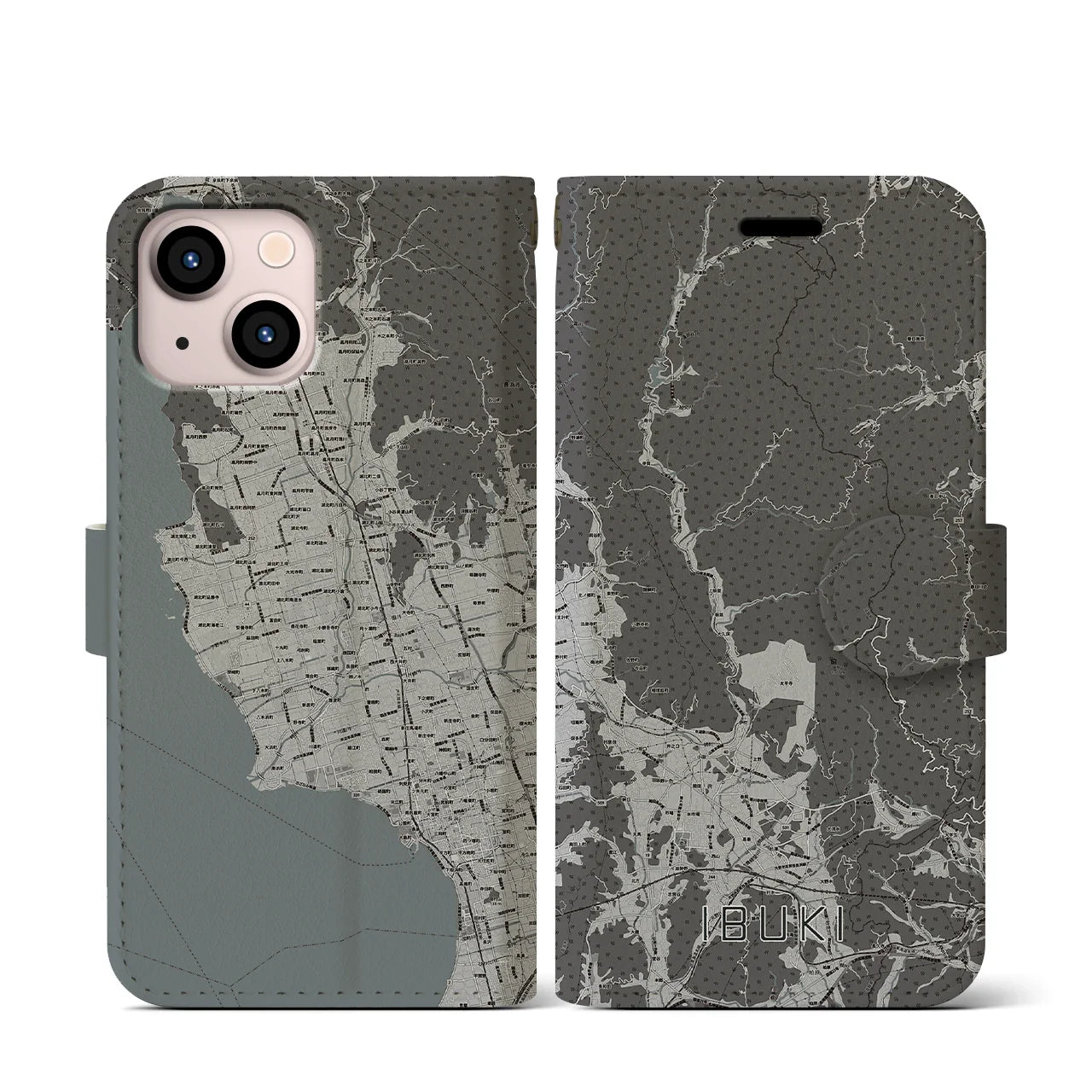 【伊吹(滋賀県)】地図柄iPhoneケース(手帳タイプ)モノトーン・iPhone 13 mini 用