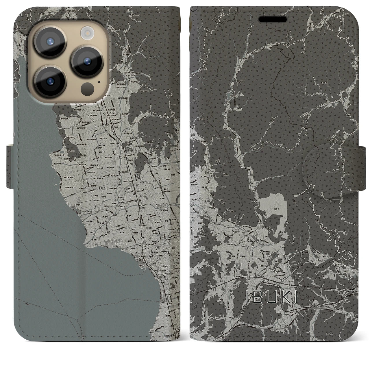 【伊吹(滋賀県)】地図柄iPhoneケース(手帳タイプ)モノトーン・iPhone 14 Pro Max 用