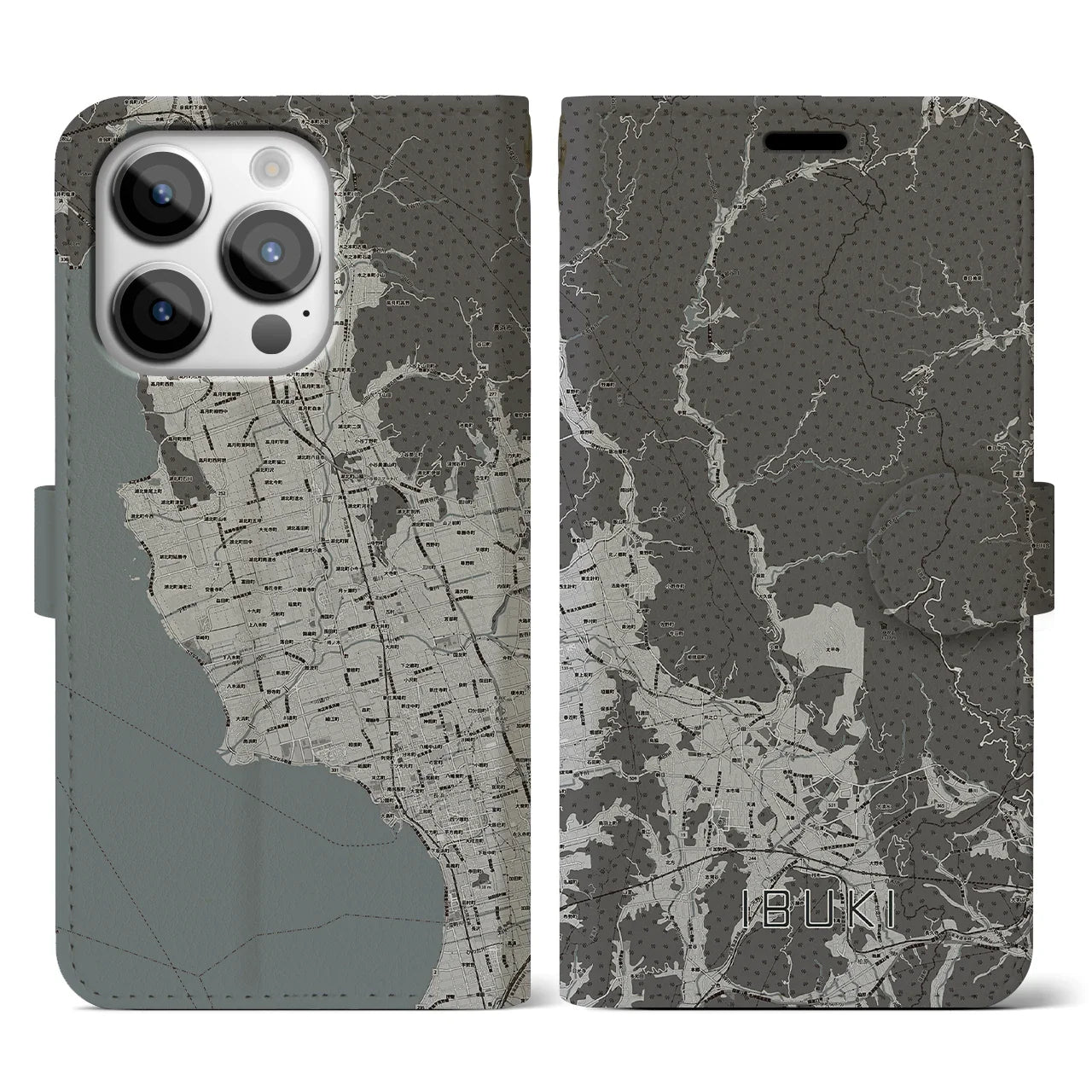 【伊吹(滋賀県)】地図柄iPhoneケース(手帳タイプ)モノトーン・iPhone 14 Pro 用