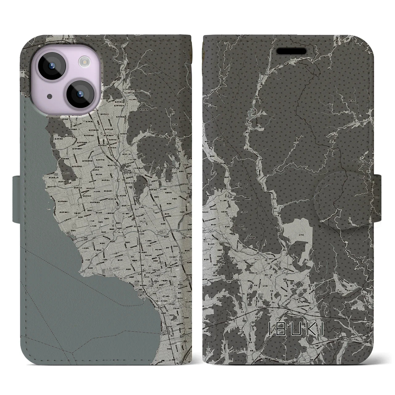 【伊吹(滋賀県)】地図柄iPhoneケース(手帳タイプ)モノトーン・iPhone 14 用