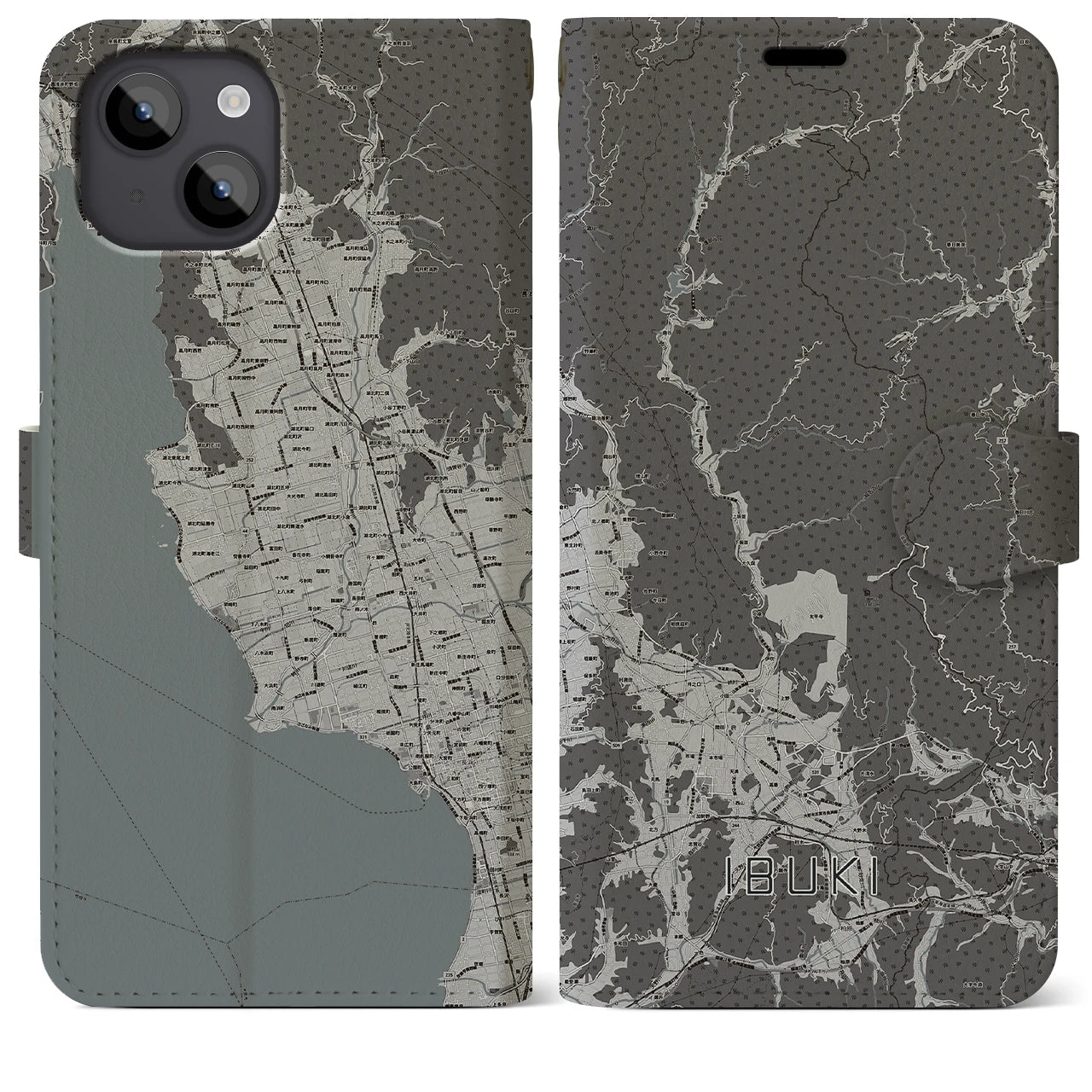 【伊吹(滋賀県)】地図柄iPhoneケース(手帳タイプ)モノトーン・iPhone 14 Plus 用