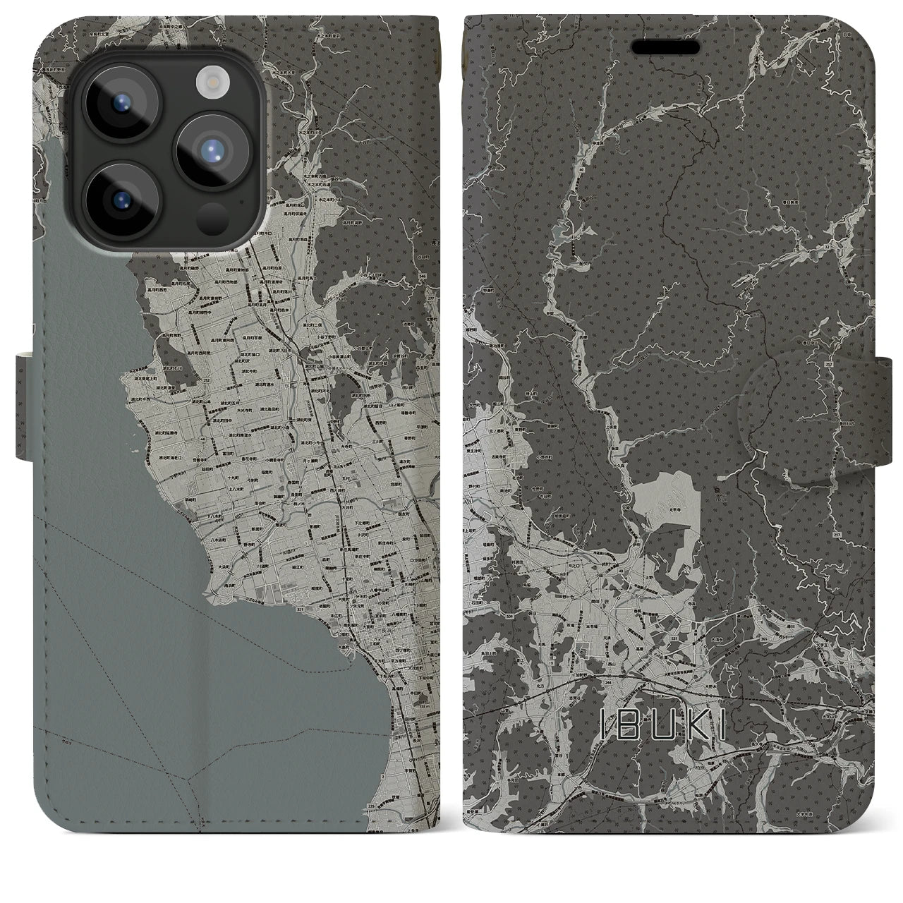 【伊吹(滋賀県)】地図柄iPhoneケース(手帳タイプ)モノトーン・iPhone 15 Pro Max 用