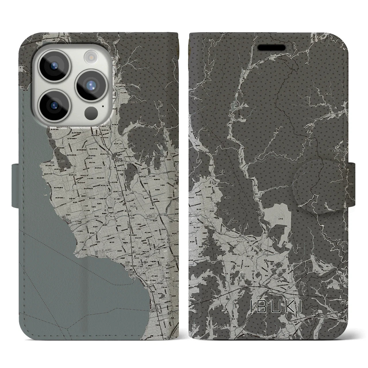 【伊吹(滋賀県)】地図柄iPhoneケース(手帳タイプ)モノトーン・iPhone 15 Pro 用