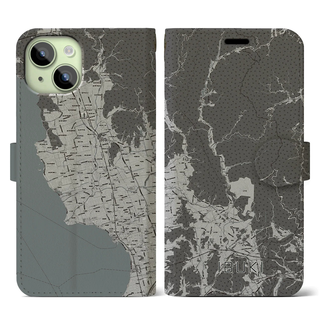 【伊吹(滋賀県)】地図柄iPhoneケース(手帳タイプ)モノトーン・iPhone 15 用