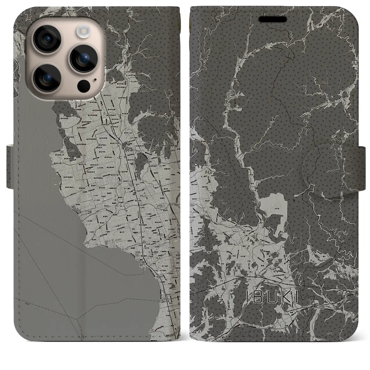 【伊吹(滋賀県)】地図柄iPhoneケース(手帳タイプ)モノトーン・iPhone 16 Plus 用