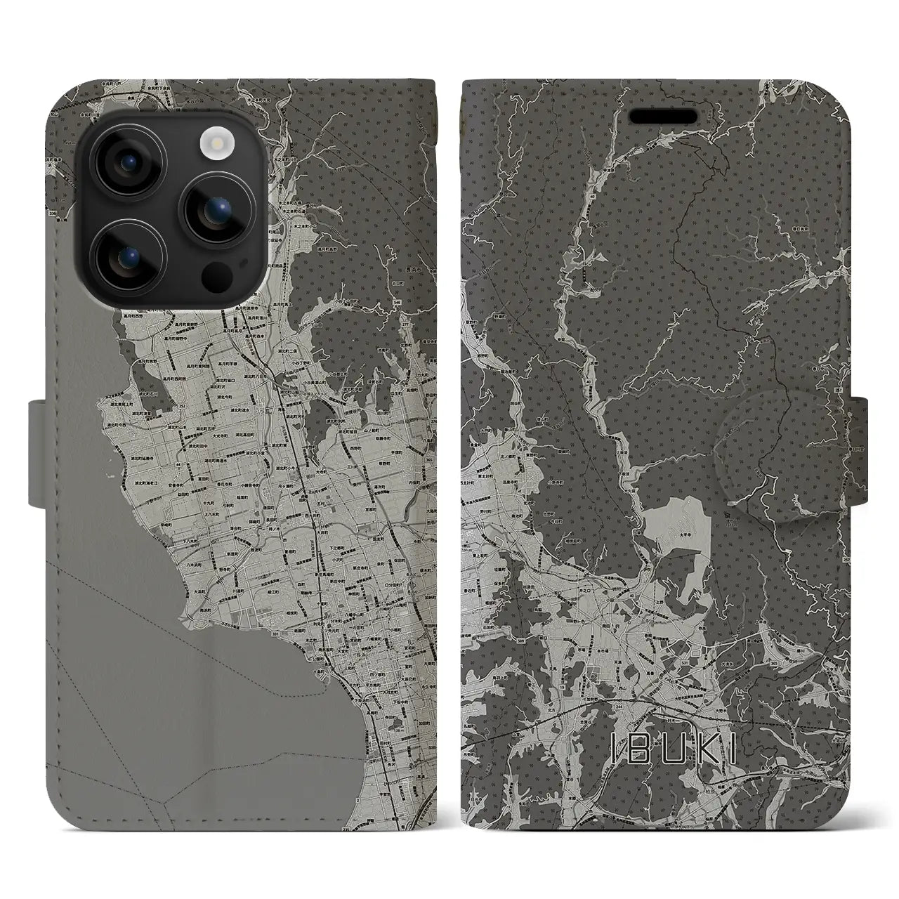 【伊吹(滋賀県)】地図柄iPhoneケース(手帳タイプ)モノトーン・iPhone 16 用