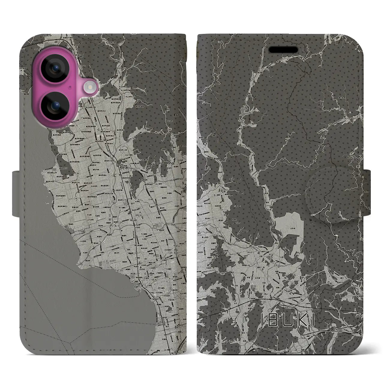 【伊吹(滋賀県)】地図柄iPhoneケース(手帳タイプ)モノトーン・iPhone 16 Pro 用