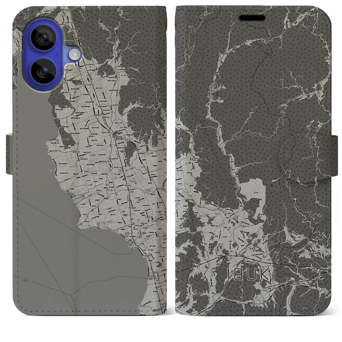 【伊吹(滋賀県)】地図柄iPhoneケース(手帳タイプ)モノトーン・iPhone 16 Pro Max 用