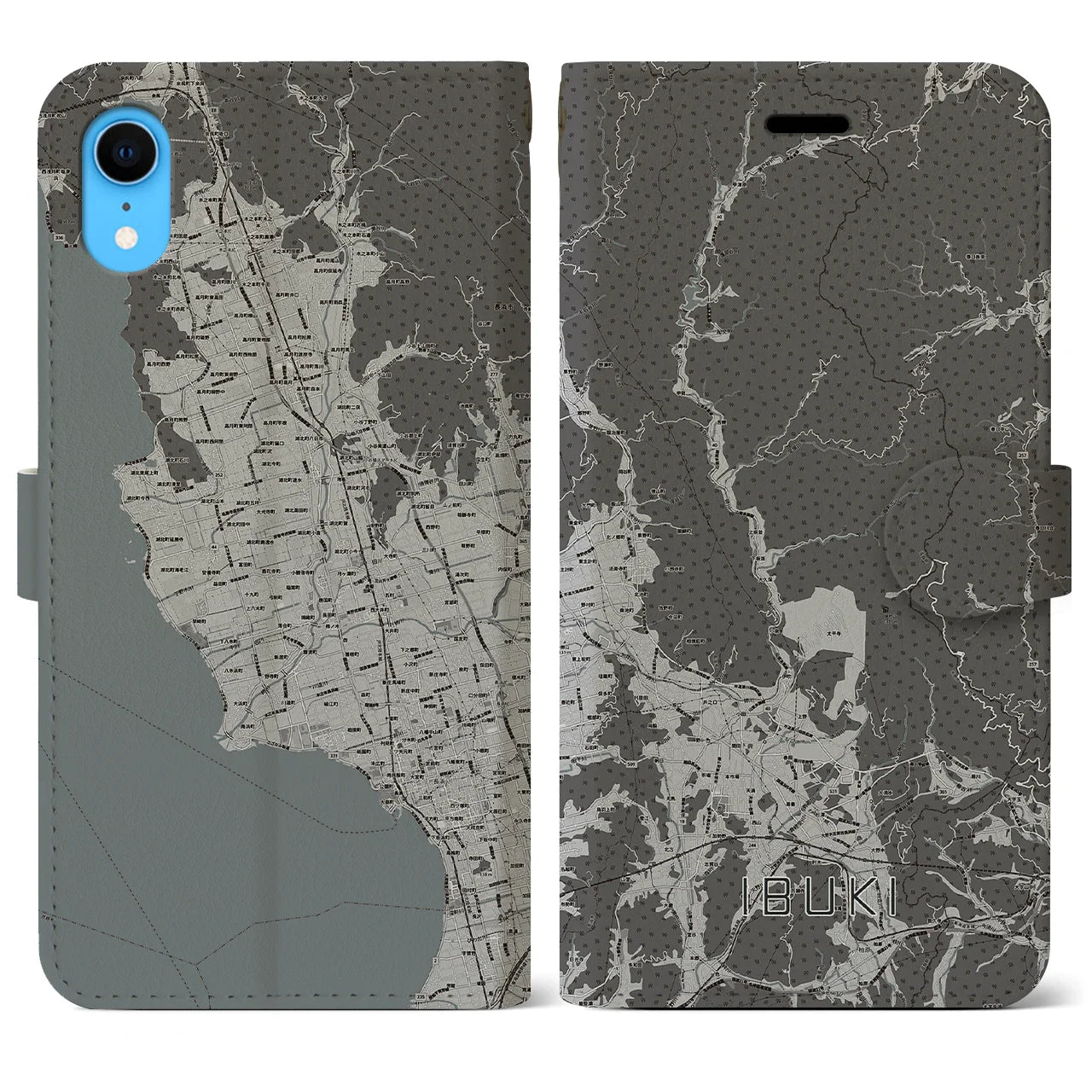 【伊吹(滋賀県)】地図柄iPhoneケース(手帳タイプ)モノトーン・iPhone XR 用