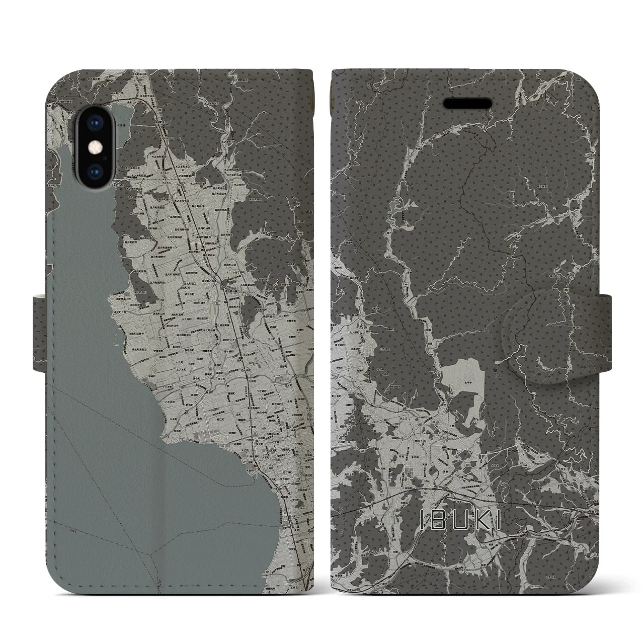 【伊吹(滋賀県)】地図柄iPhoneケース(手帳タイプ)モノトーン・iPhone XS / X 用