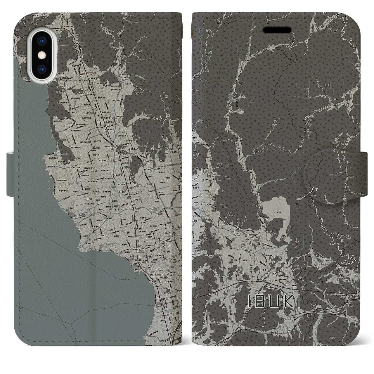 【伊吹(滋賀県)】地図柄iPhoneケース(手帳タイプ)モノトーン・iPhone XS Max 用