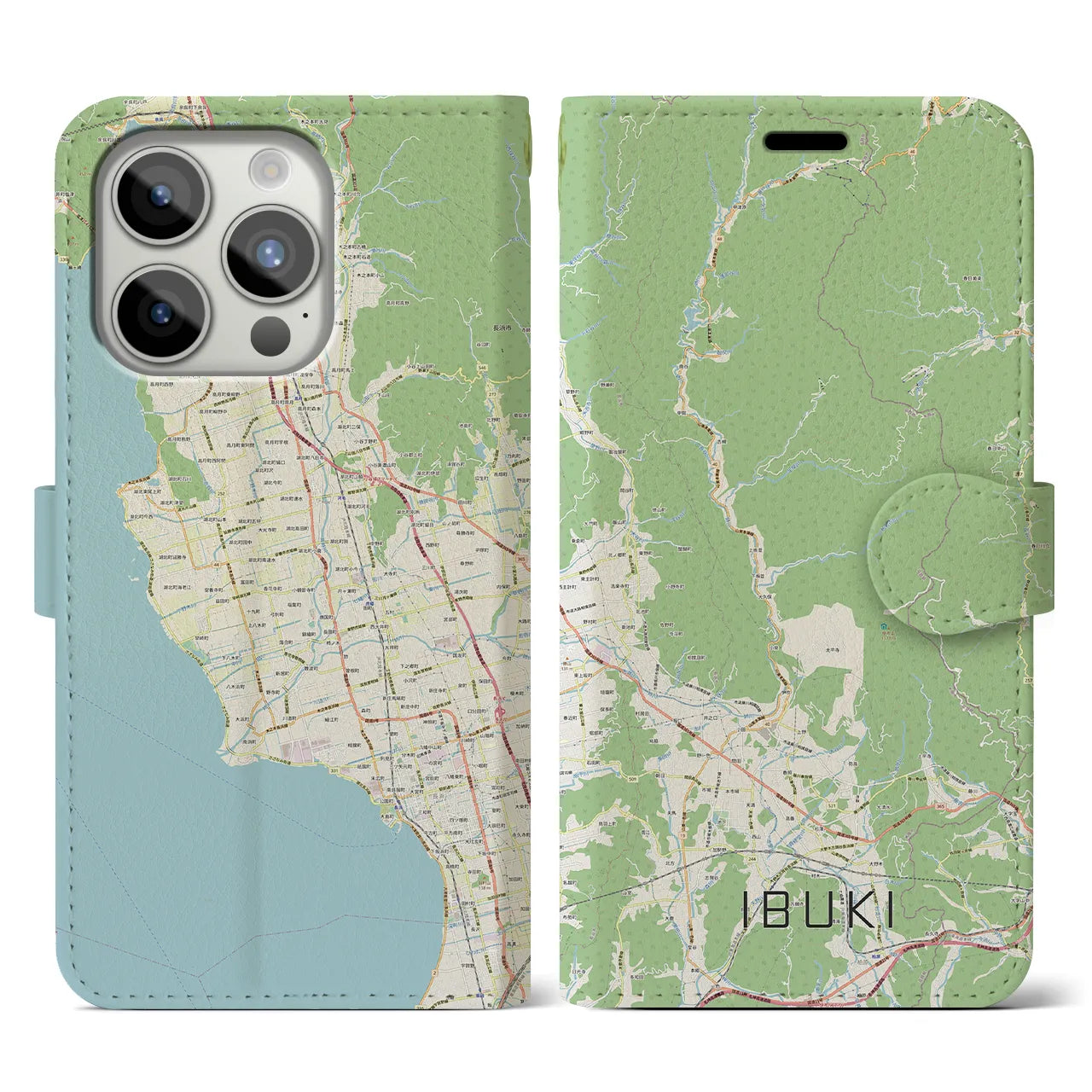 【伊吹(滋賀県)】地図柄iPhoneケース(手帳タイプ)ナチュラル・iPhone 15 Pro 用