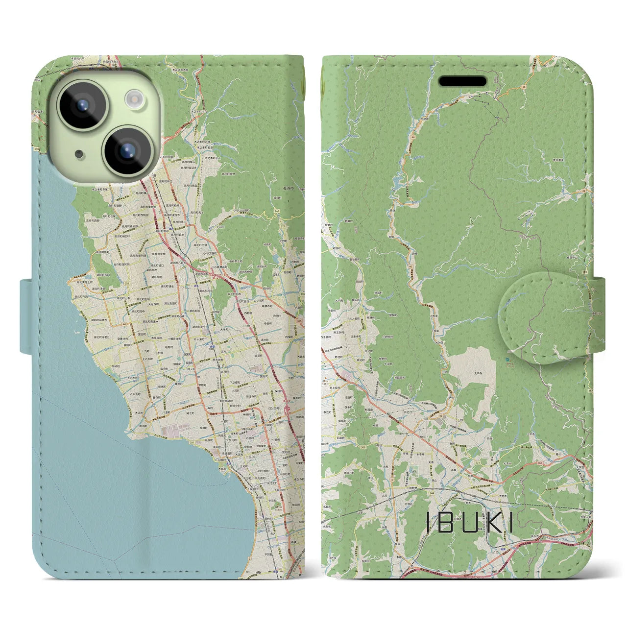 【伊吹(滋賀県)】地図柄iPhoneケース(手帳タイプ)ナチュラル・iPhone 15 用