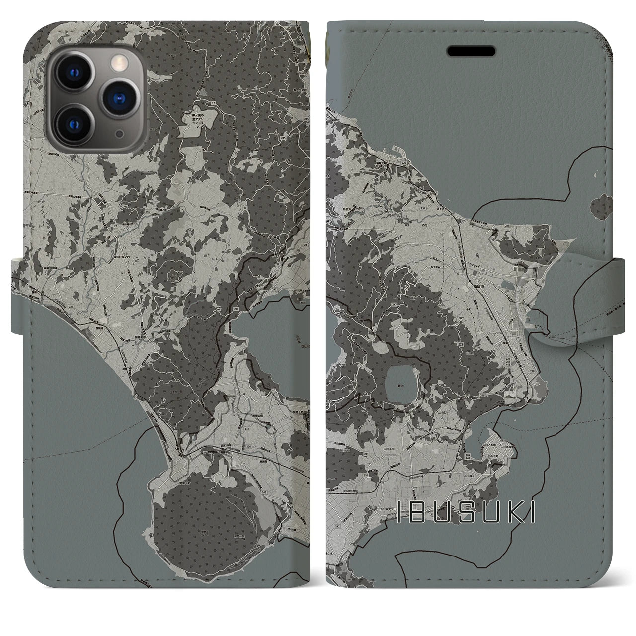 【指宿(鹿児島県)】地図柄iPhoneケース(手帳タイプ)モノトーン・iPhone 11 Pro Max 用