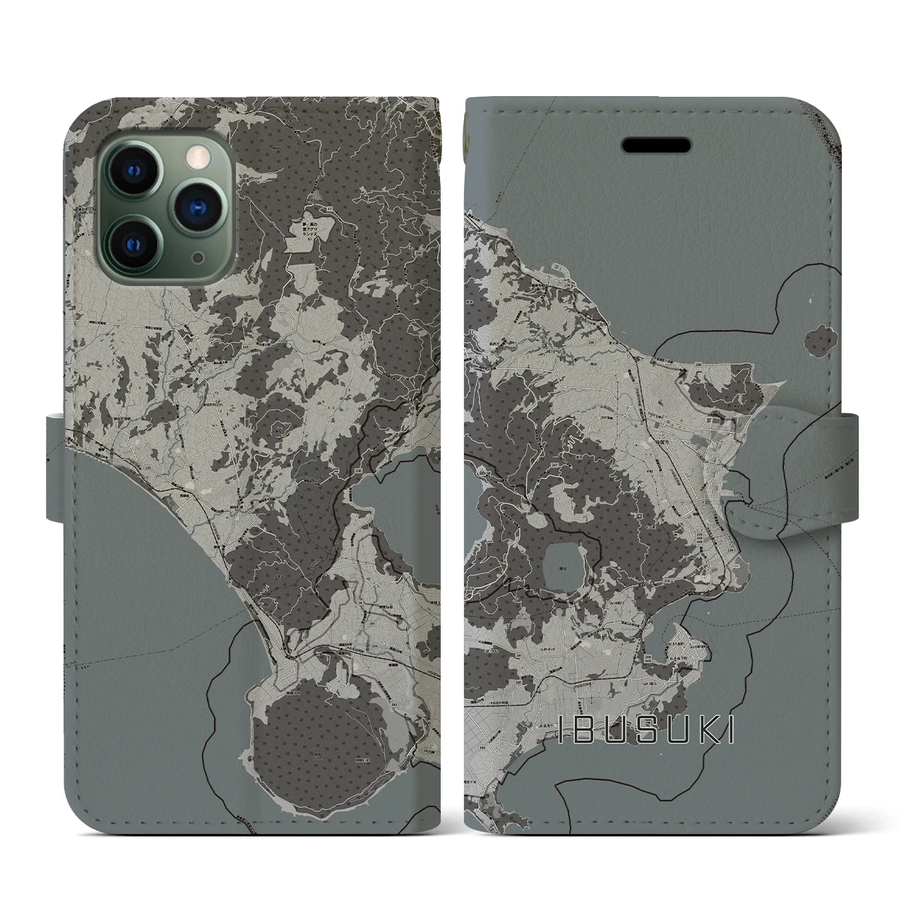 【指宿(鹿児島県)】地図柄iPhoneケース(手帳タイプ)モノトーン・iPhone 11 Pro 用