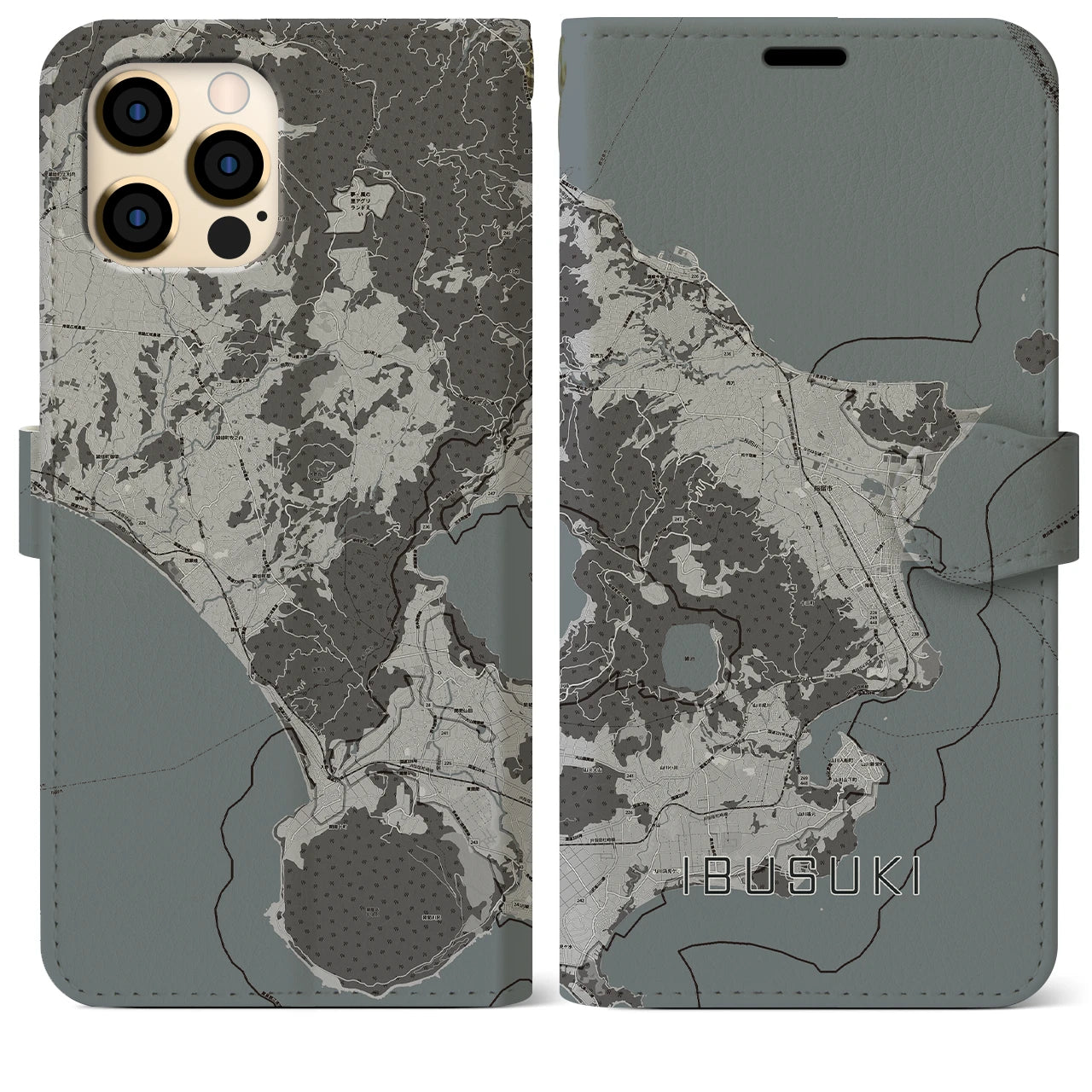 【指宿(鹿児島県)】地図柄iPhoneケース(手帳タイプ)モノトーン・iPhone 12 Pro Max 用